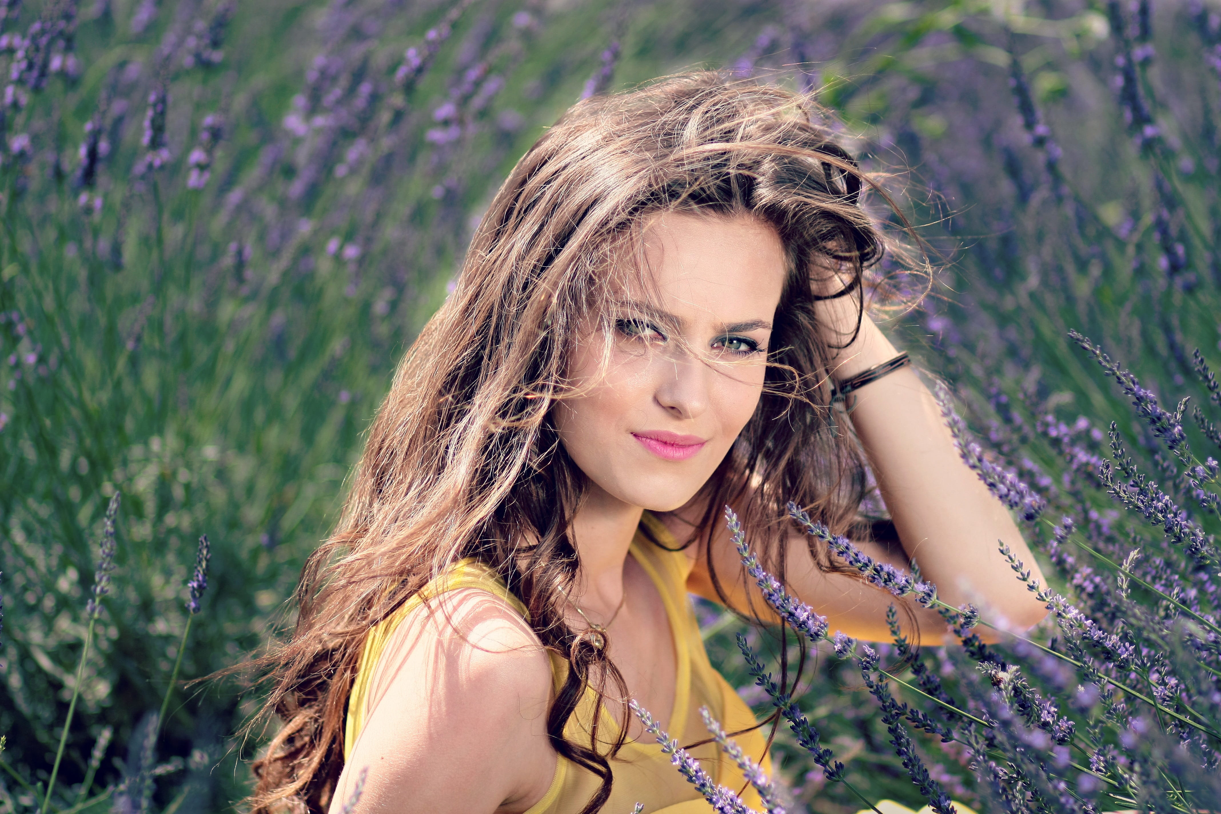 beauty, yellow, sitting, plant, adult, flowering plant, beautiful people, s, lavender, long hair, portrait, looking at camera, contemplation, curly, brown, HD Wallpaper
