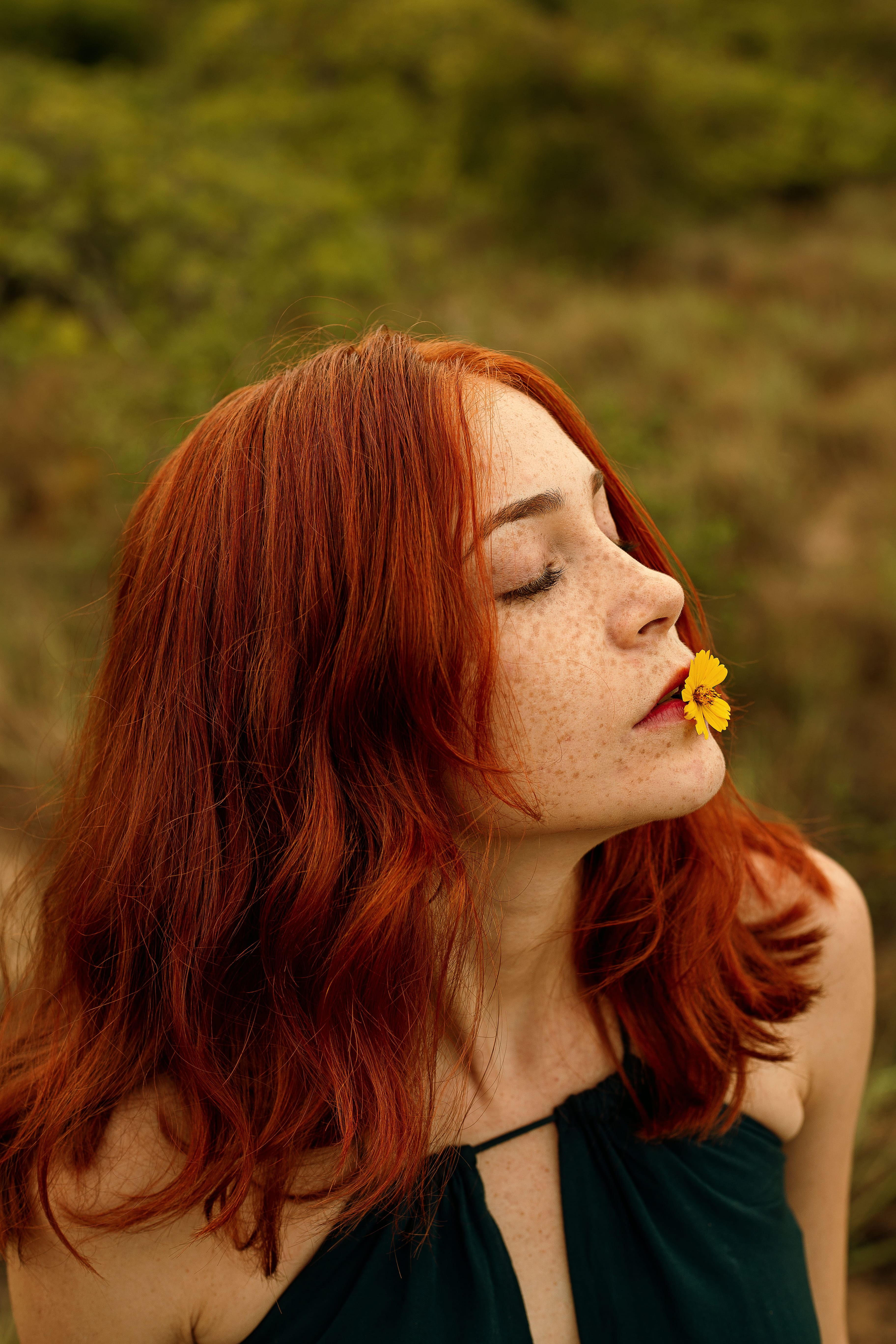 women, photoshoot, yellow flower, haired, day, yellow, pretty, close-up, redhead, freckled, looking, beautiful woman, adult, portrait, long hair, headshot, Phone HD Wallpaper