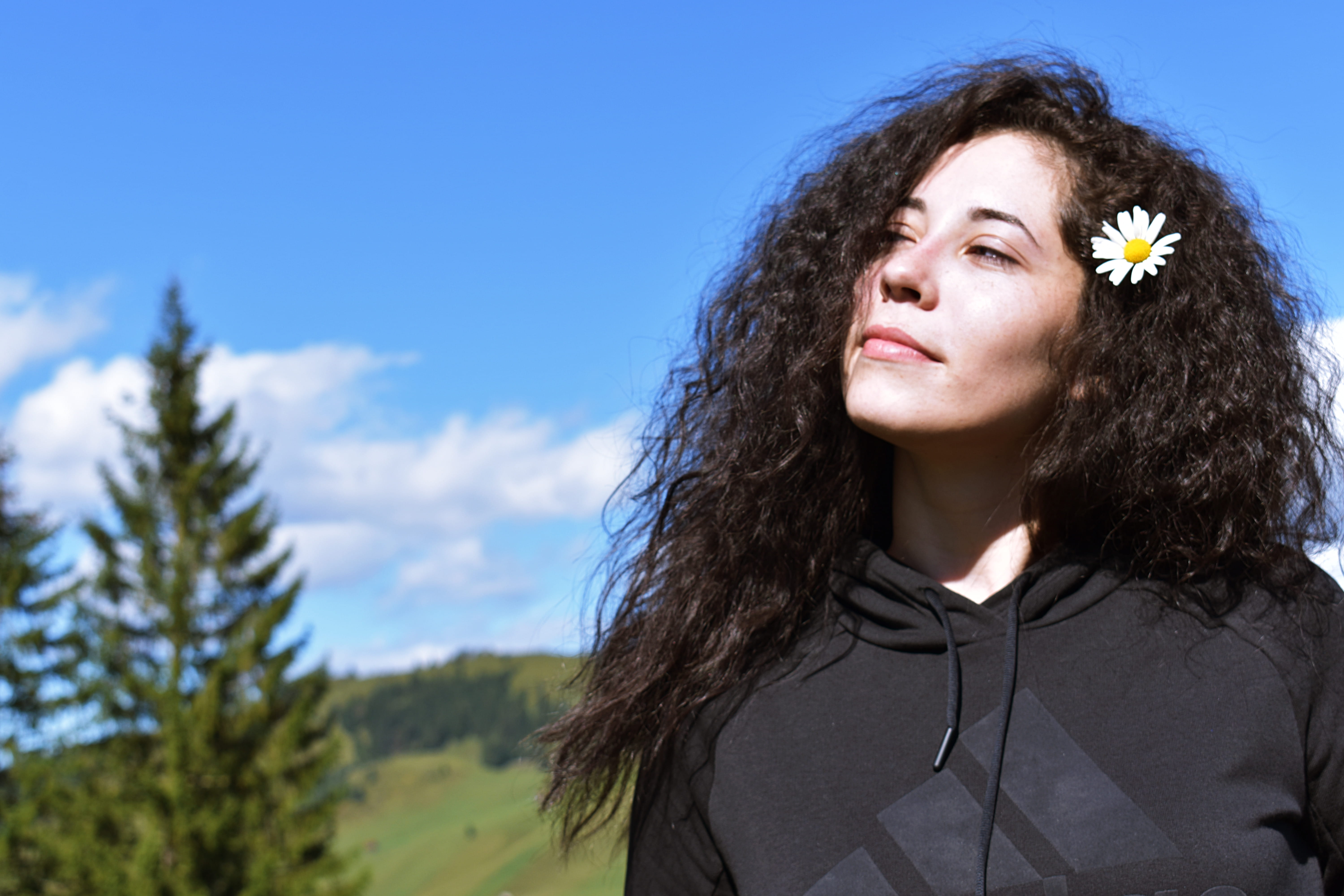 child, sky, beautiful woman, young adult, photo, 5K, beauty, nature, photoshoot, hair, hairstyle, curly hair, portrait, flowering plant, teenage girls, HD Wallpaper