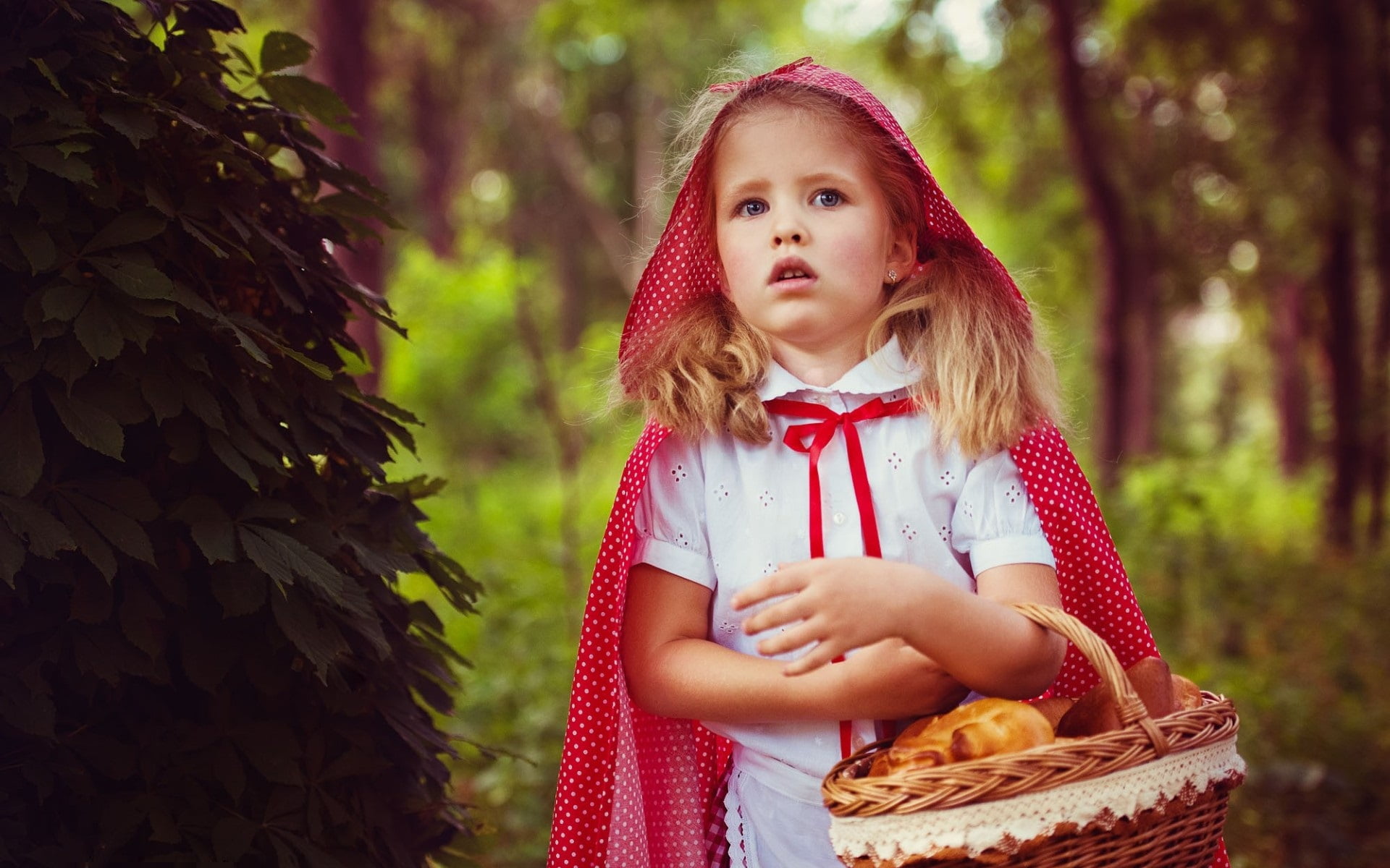 holding, 1080P, one person, childhood, collared, child, outdoors, basket, looking at camera, shirt, white, tree, small, girls, girl, everyday, princess, HD Wallpaper