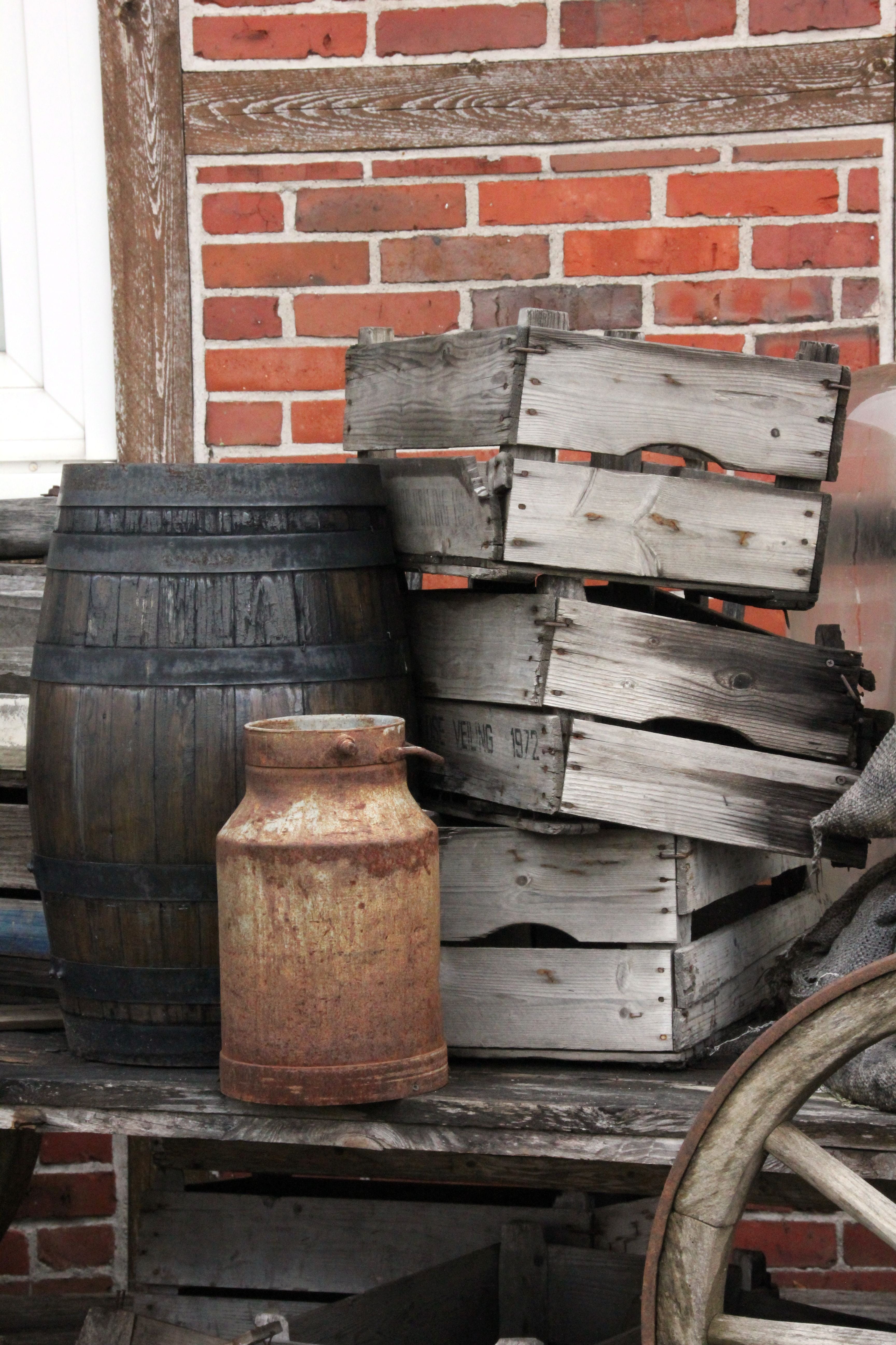 obsolete, abandoned, still life, wall, boxes, brick wall, stack, wheel, luggage, 5K, brick, architecture, day, no people, metal, old, built structure, Phone HD Wallpaper