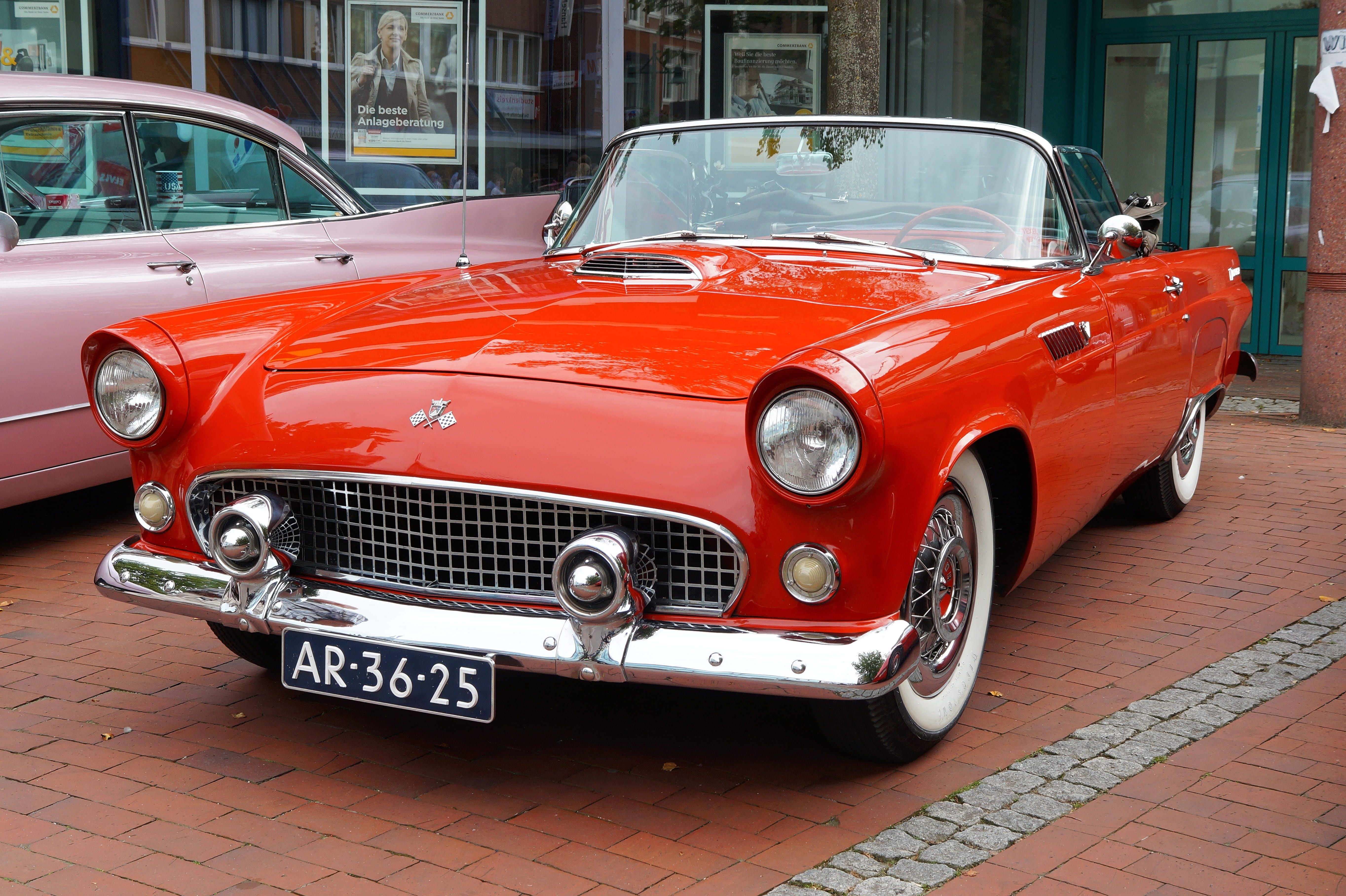 mode of transportation, motor vehicle, street, vintage car, oldtimer, retro styled, us car, auto, near, vehicle, building, nostalgic, coupe, garage, red, HD Wallpaper