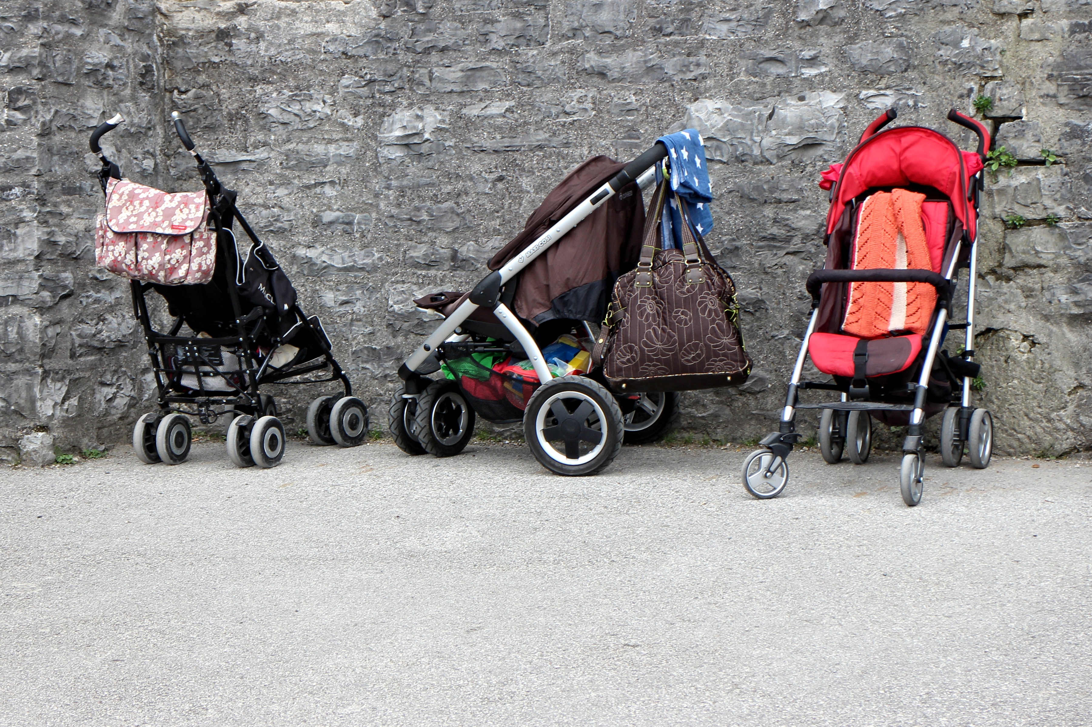 mode of transportation, baby Carriage, child, vehicle, wall, alone, brick wall, buggies, children, three, travel, strollers, wall - building feature, dare, HD Wallpaper