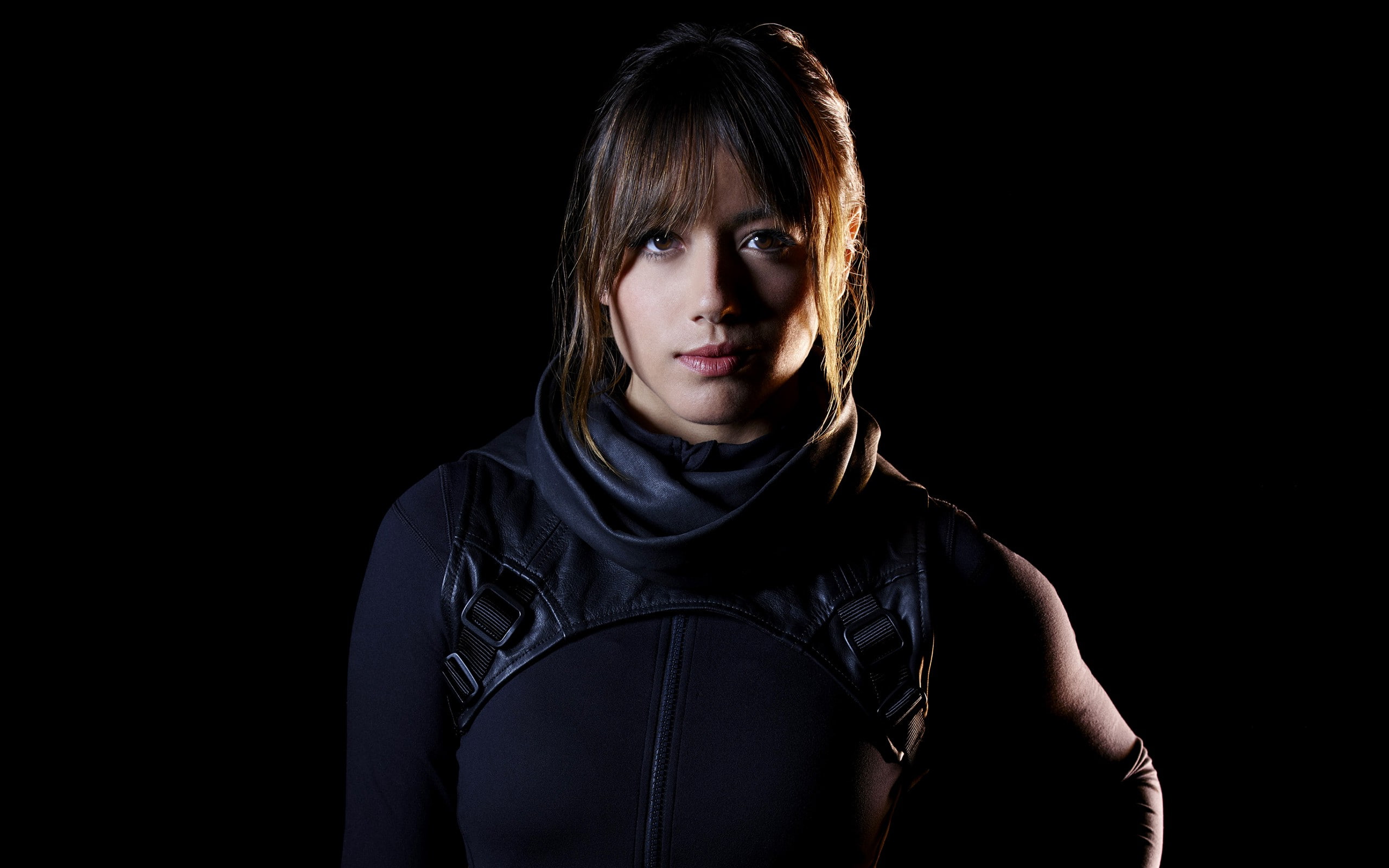 clothing, black background, indoors, black color, Chloe Bennet, hairstyle, standing, cut out, young women, copy space, front view, young adult, portrait, HD Wallpaper