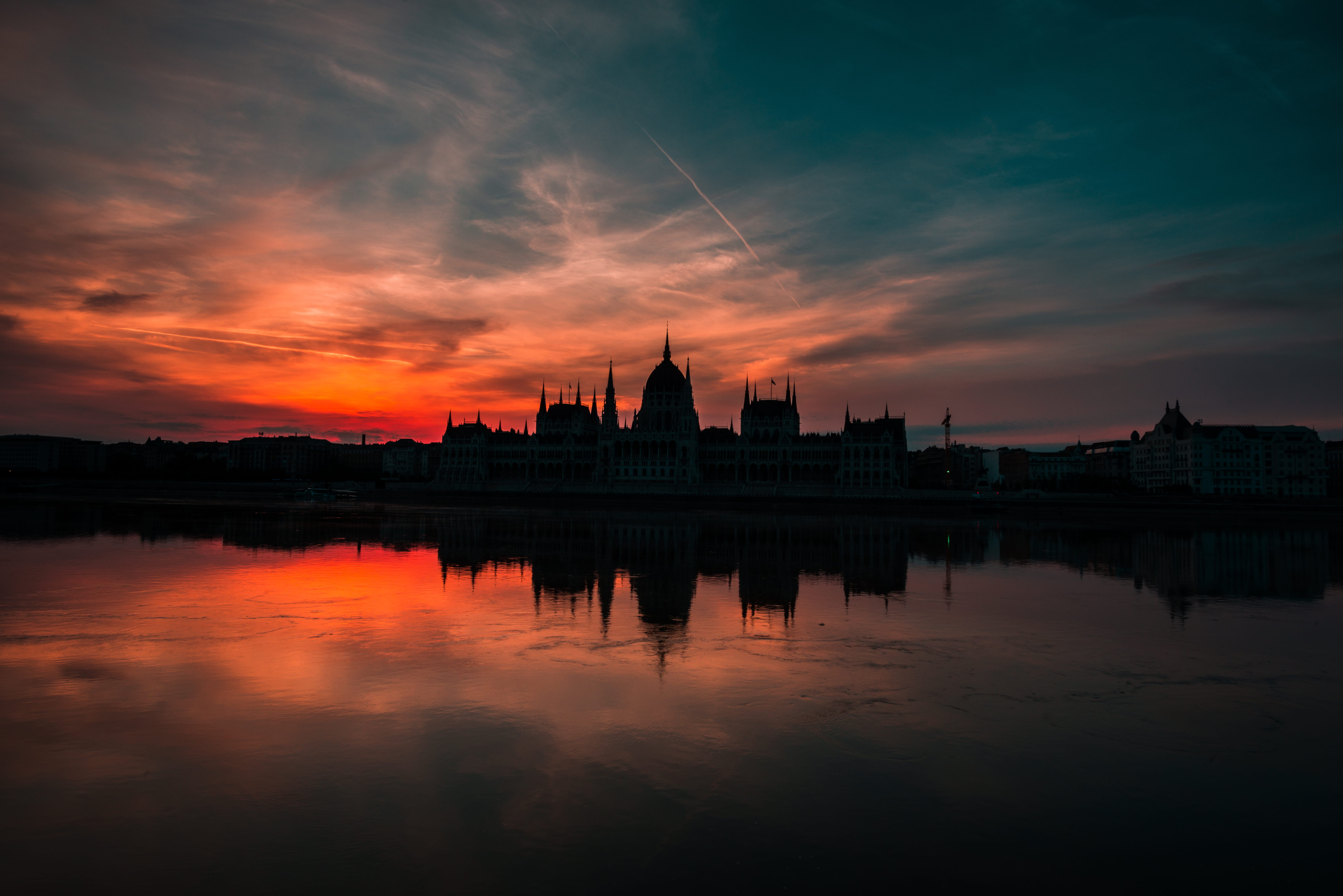 silhouette, twilight, sky, night, reflection, orange color, lake, Rise, cloud - sky, sunrise, built structure, travel destinations, building, famous Place, HD Wallpaper