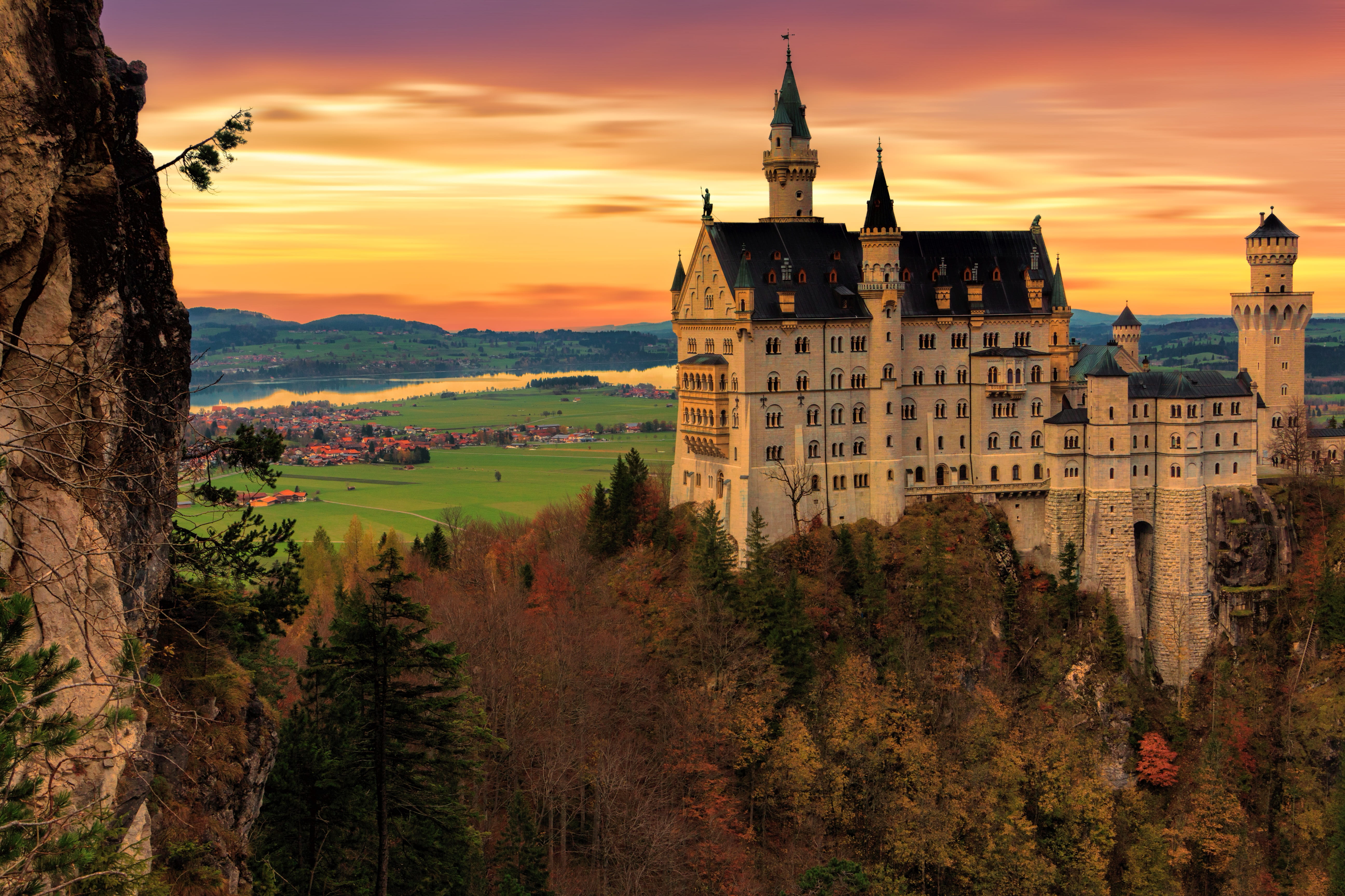 fairy tales, mystical, schwangau, picturesque, sunset, aerial, allgäu, architecture, travel destinations, neuschwanstein castle, building exterior, landscape, HD Wallpaper