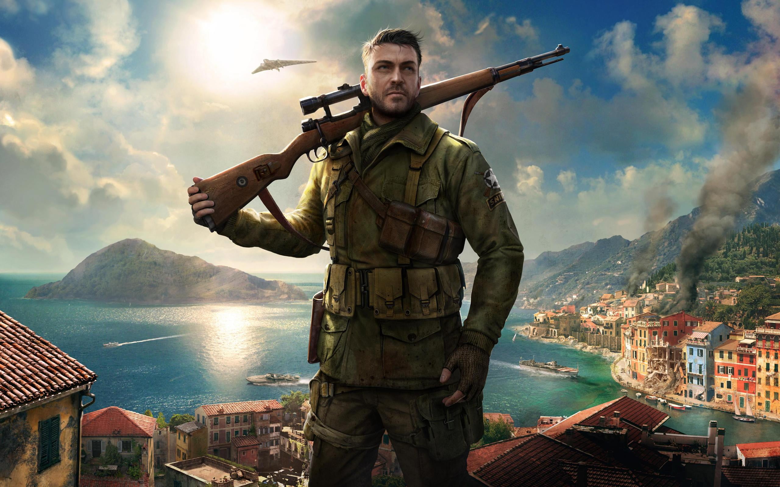nautical vessel, Sniper Elite III, mid adult men, 2016, water, Games, one person, adult, sniper elite 4, looking at camera, cloud - sky, men, three quarter length, HD Wallpaper