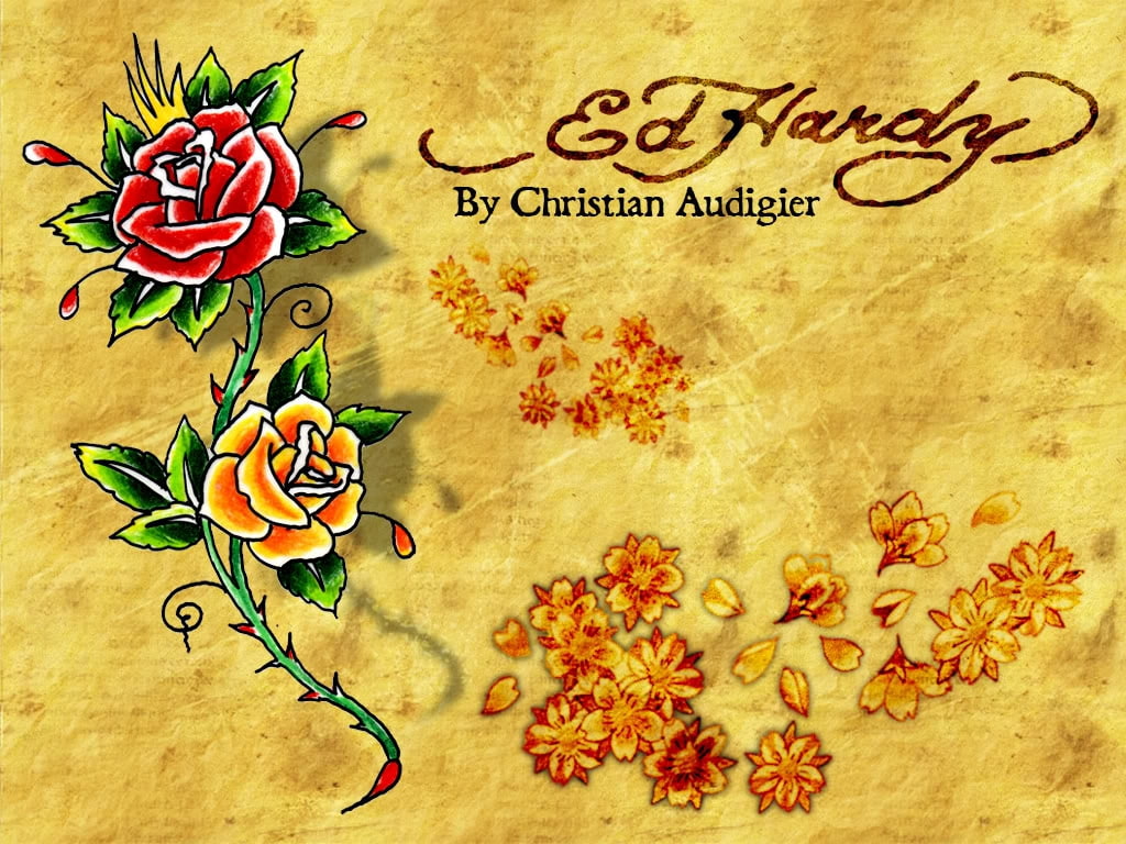 abstract, Flowers, hd, red, ed, 480P, ed hardy, art, orange, roses, hardy, HD Wallpaper