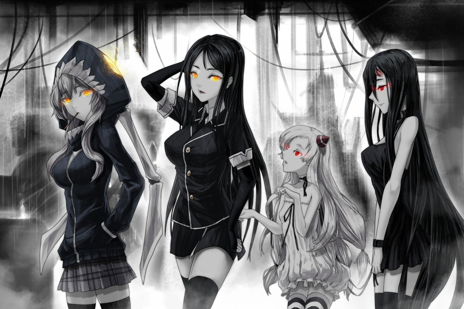 choker, ddddddd, airfield, dress, 720P, gray, hime, black, hair, HD Wallpaper