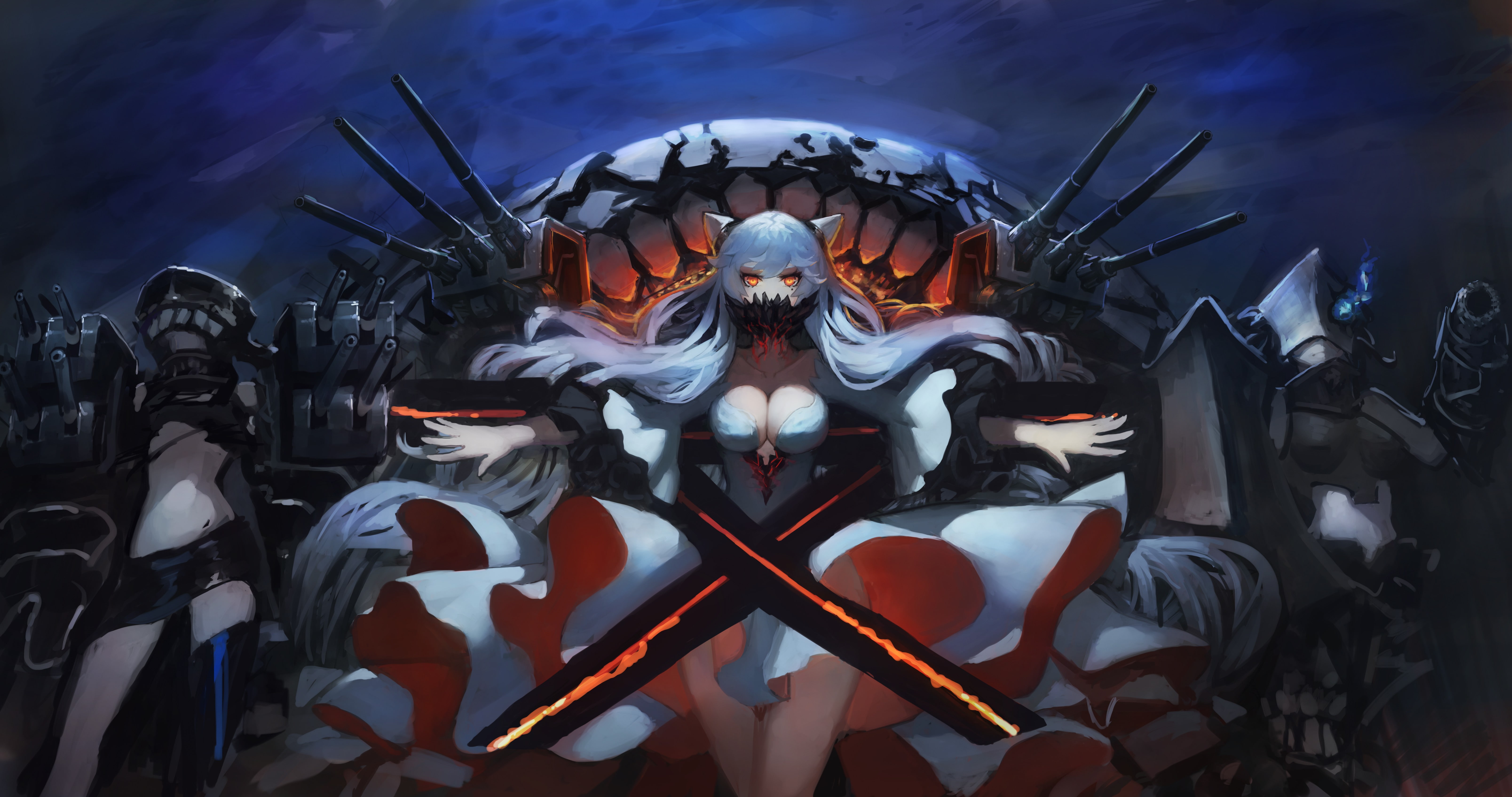 Kantai Collection, Midway Hime, thigh-highs, white hair, 5K, Chi-Class Torpedo Cruiser, dress, horns, anime girls, Tsu-Class Light Cruiser, no bra, anime, HD Wallpaper