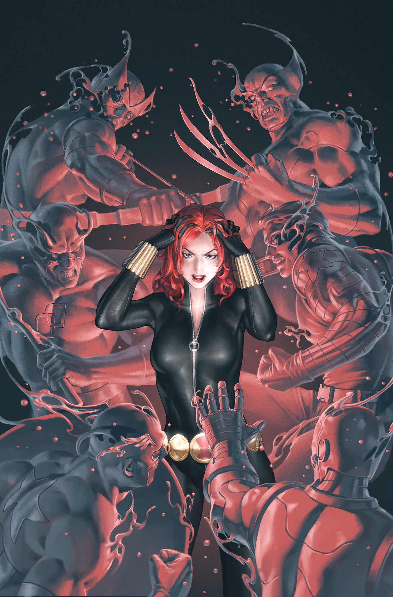 women, Junggeun Yoon, 1080P, Marvel Comics, redhead, long hair, costumes, Daredevil, Iron Man, Wolverine, Black Widow, Captain America, Phone HD Wallpaper