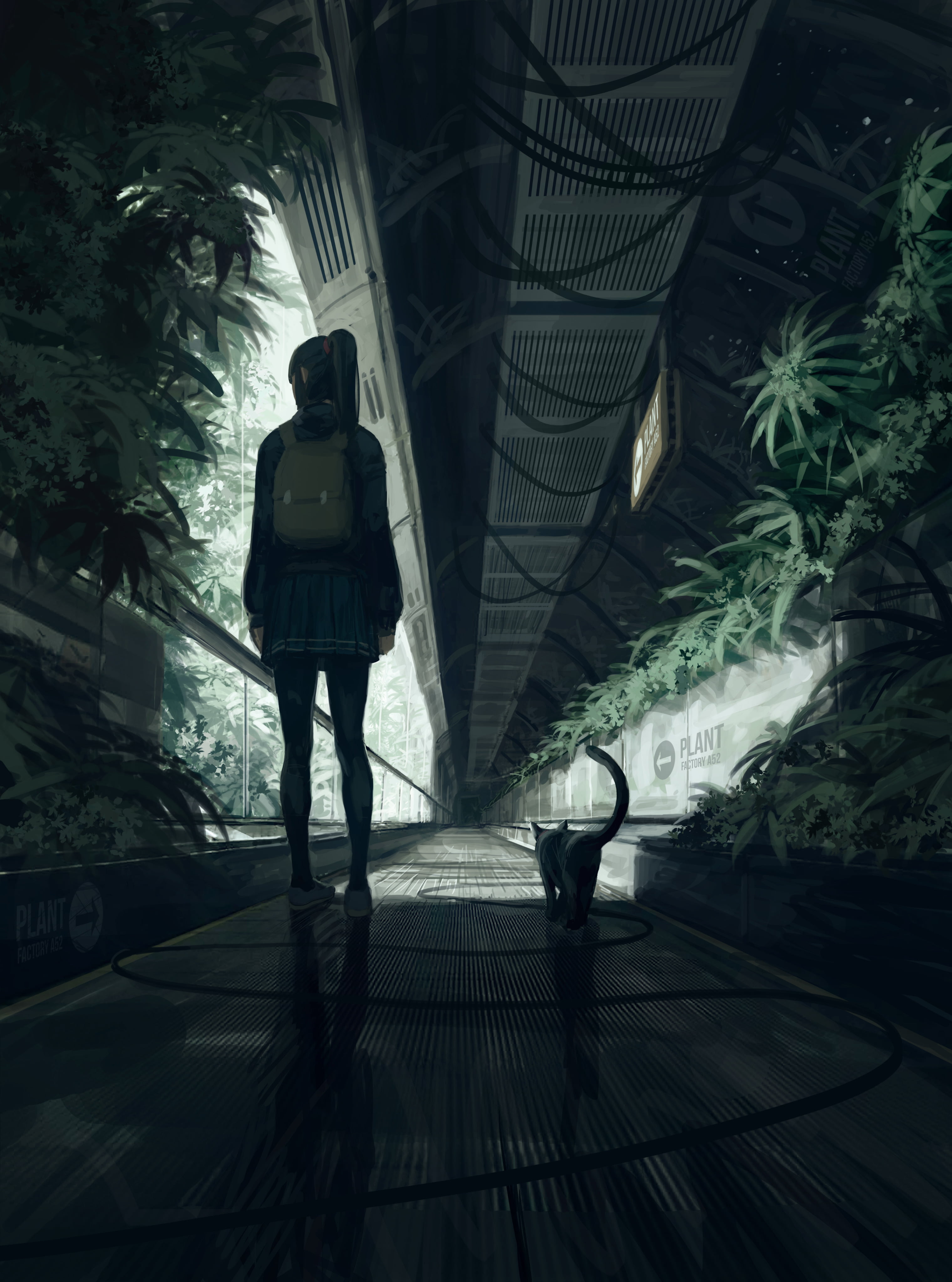GUWEIZ, women with cat, night, dark, digital art, original characters, greenhouse, pantyhose, anime girls, illustration, schoolgirl, backpack, drawing, Phone HD Wallpaper