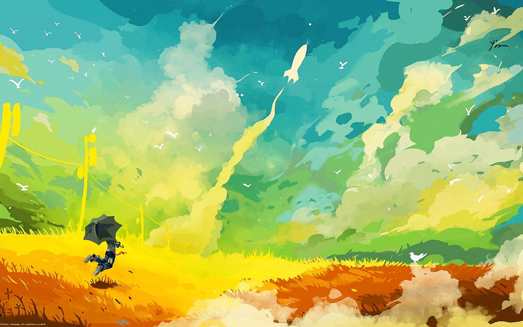rocket, colorful, drawing, rainbows, 720P, happiness, umbrella, artwork, happy, HD Wallpaper