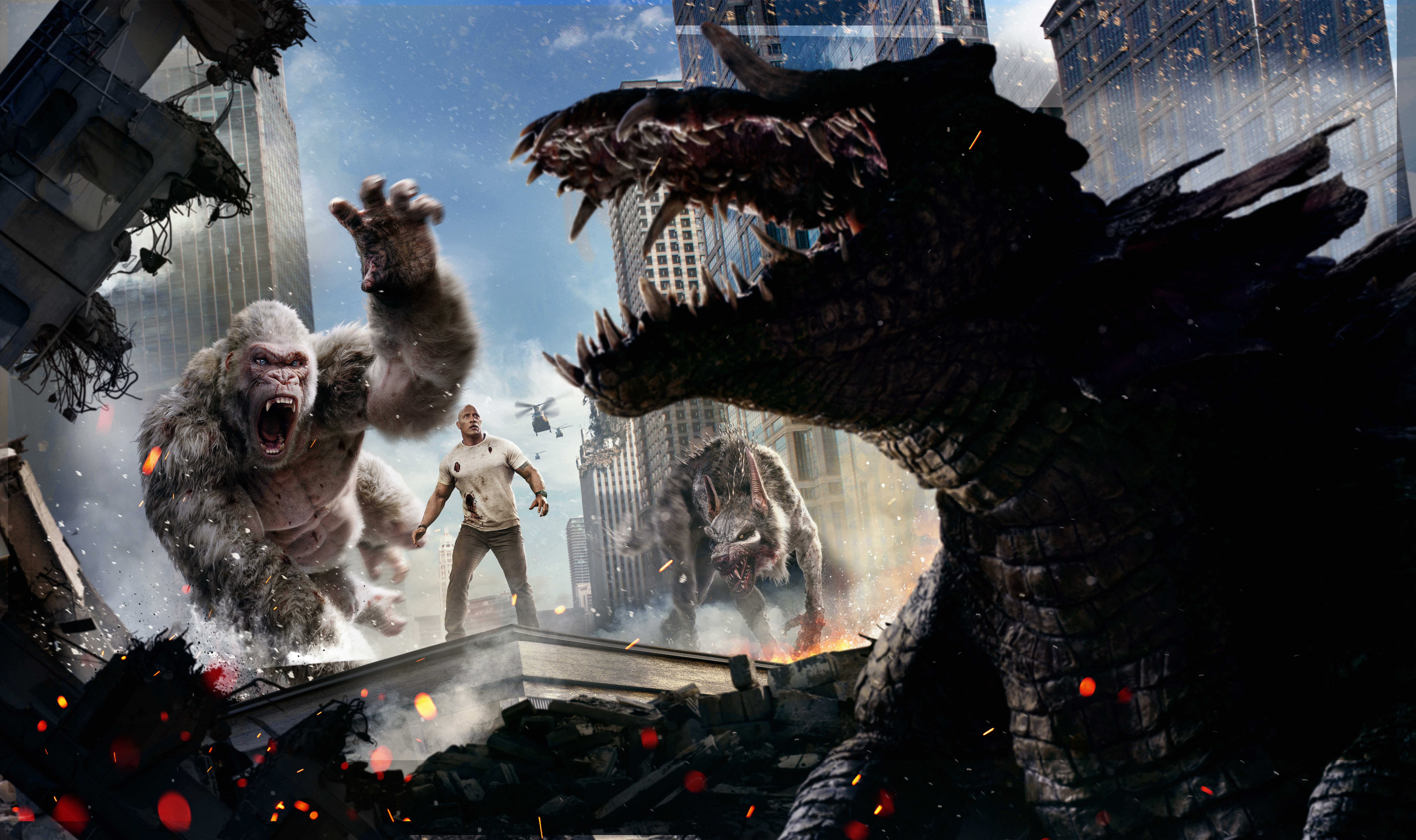 rampage, george, giant, 8K, gorilla, dinosaur, dwayne, johnson, HD Wallpaper