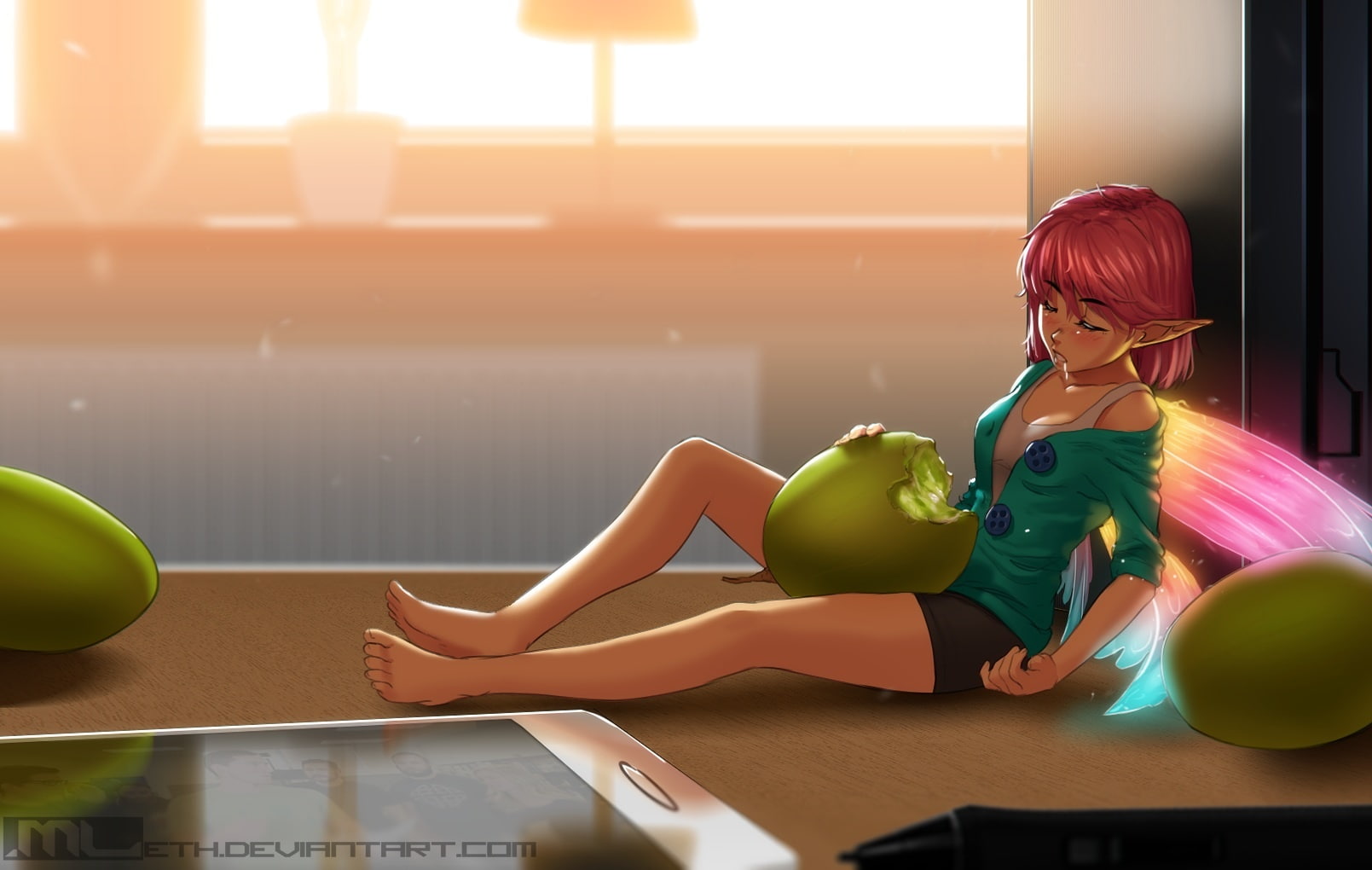 original, barefoot, wings, food, leth, pink, mathias, konachan, sleeping, fruit, watermark, shorts, hair, erylia, 235190, phone, com, fairy, ears, 720P, HD Wallpaper