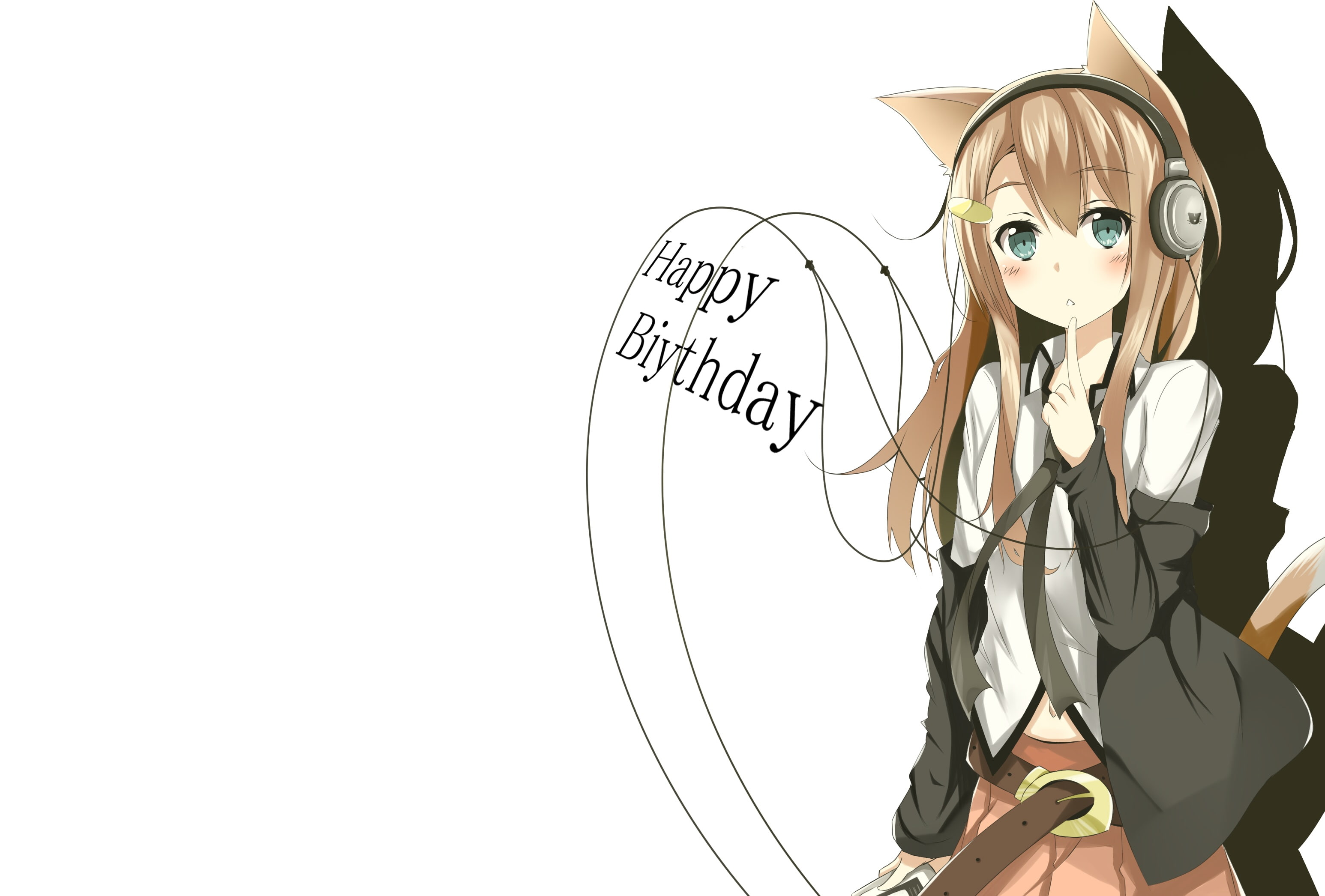 white, ears, 2K, brown, neon, tail, birthday, blue, animal, yonari, long, eyes, hayato, phone, hair, tazaki, catgirl, headphones, original, HD Wallpaper