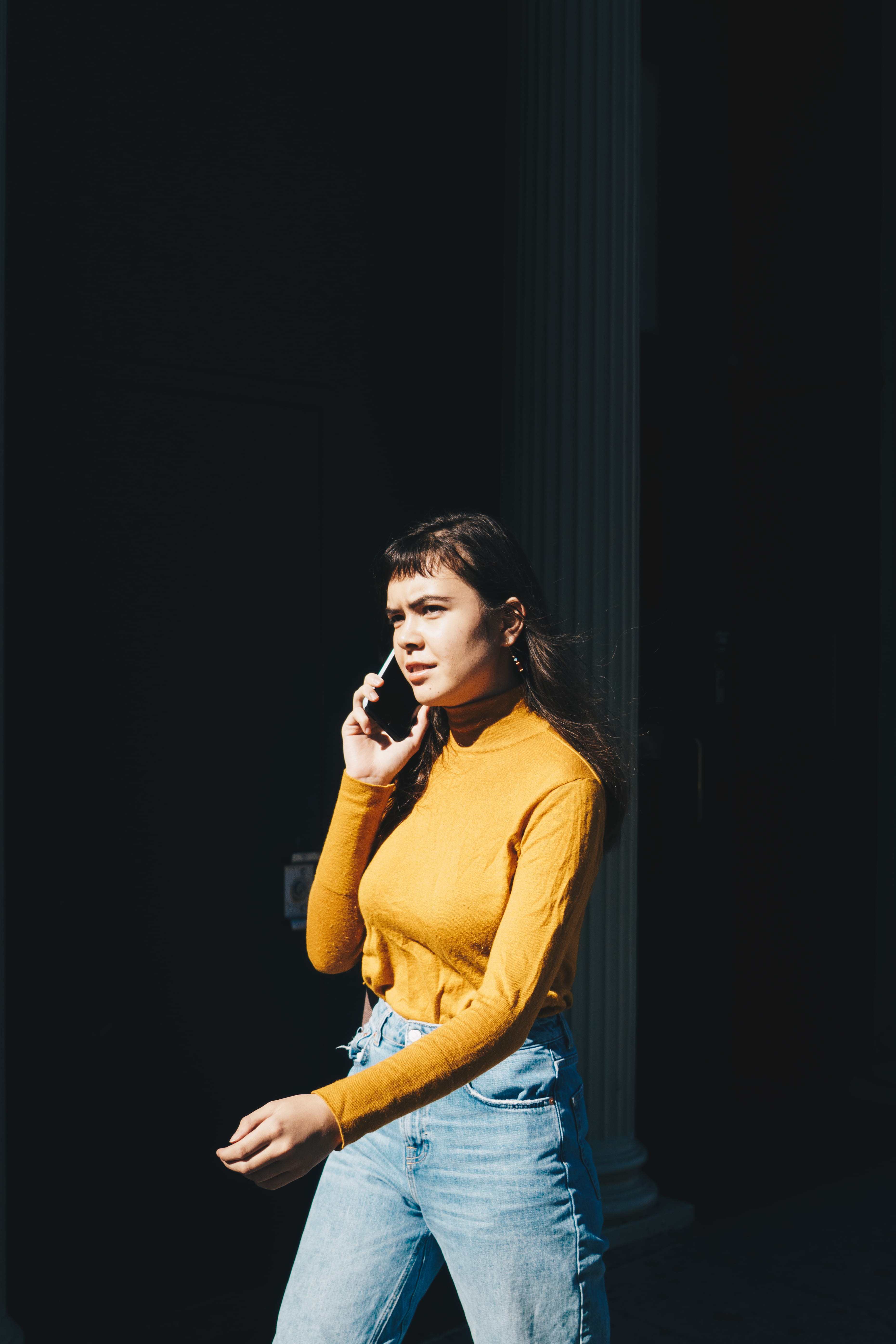 shirt, front view, sleeved, serious, 5K, casual clothing, hand, phone, ear, indoors, female, adult, long, young adult, looking away, walking, holding, Phone HD Wallpaper