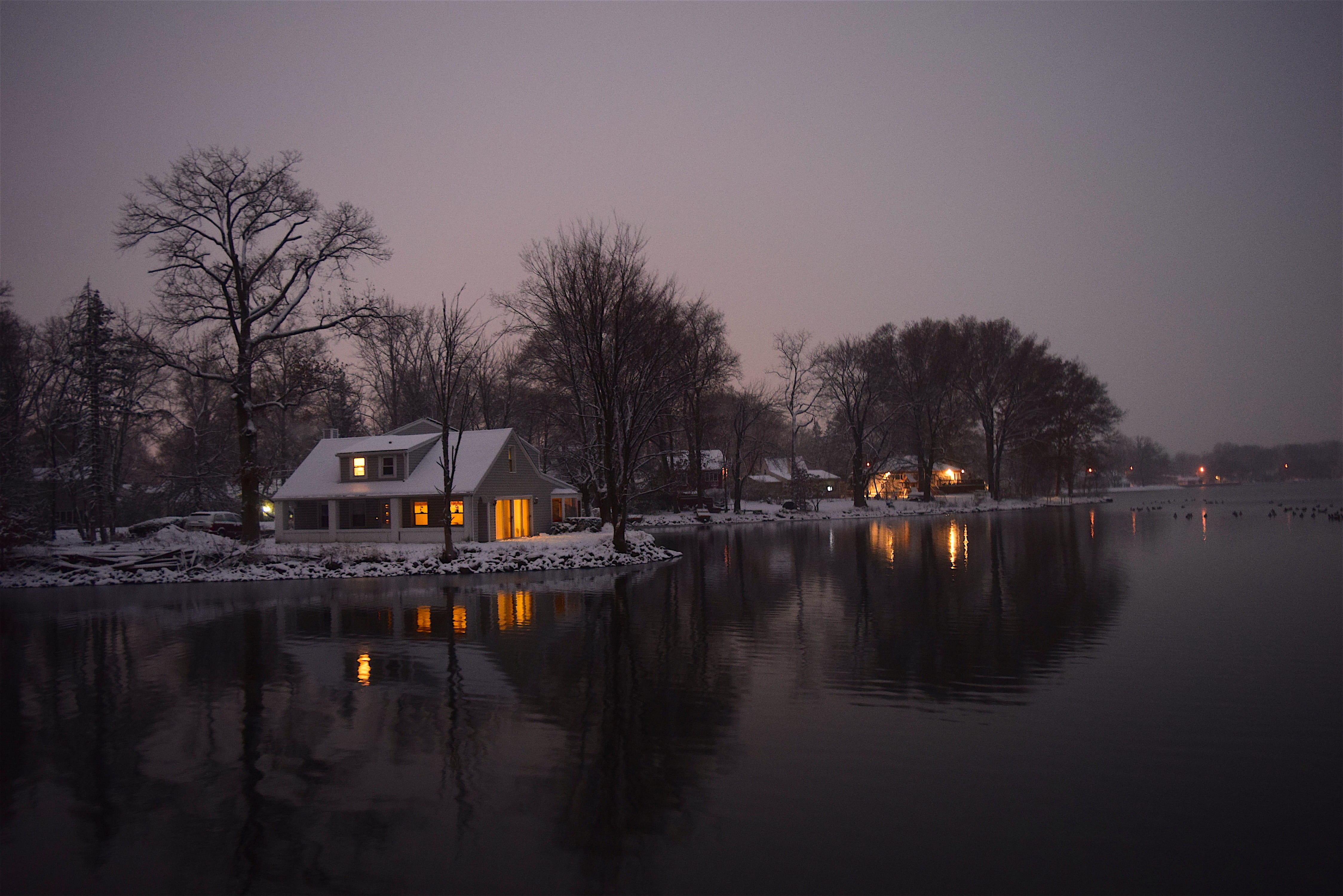 lighted, country, scene, reflection, built structure, twilight, architecture, sky, tree, snow, near, night, evening, dusk, beauty in nature, waterfront, HD Wallpaper