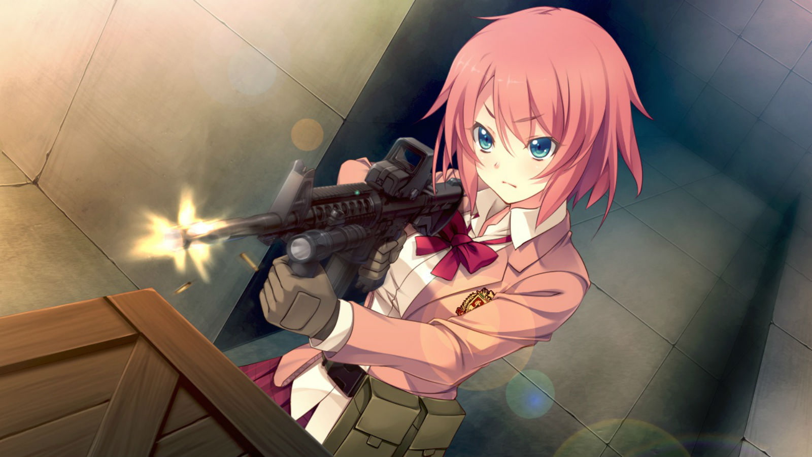 bullet, weapon, game, seifuku, gun, hair, shinya, short, kanzaki, 720P, blue, sayaka, eyes, red, oosaki, innocent, HD Wallpaper