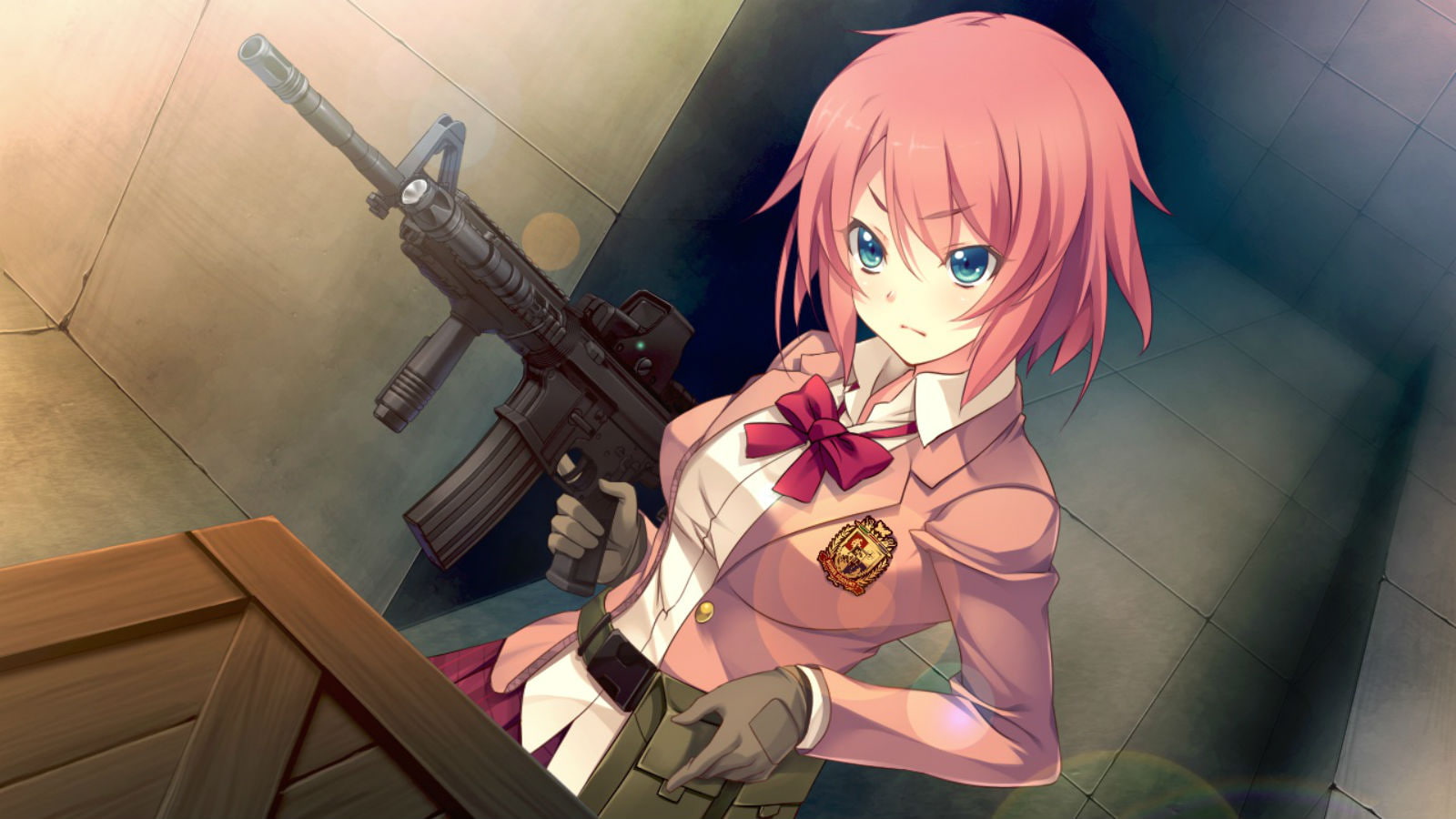 short, weapon, shinya, bullet, red, sayaka, gun, eyes, innocent, game, hair, seifuku, oosaki, kanzaki, 720P, gloves, blue, HD Wallpaper