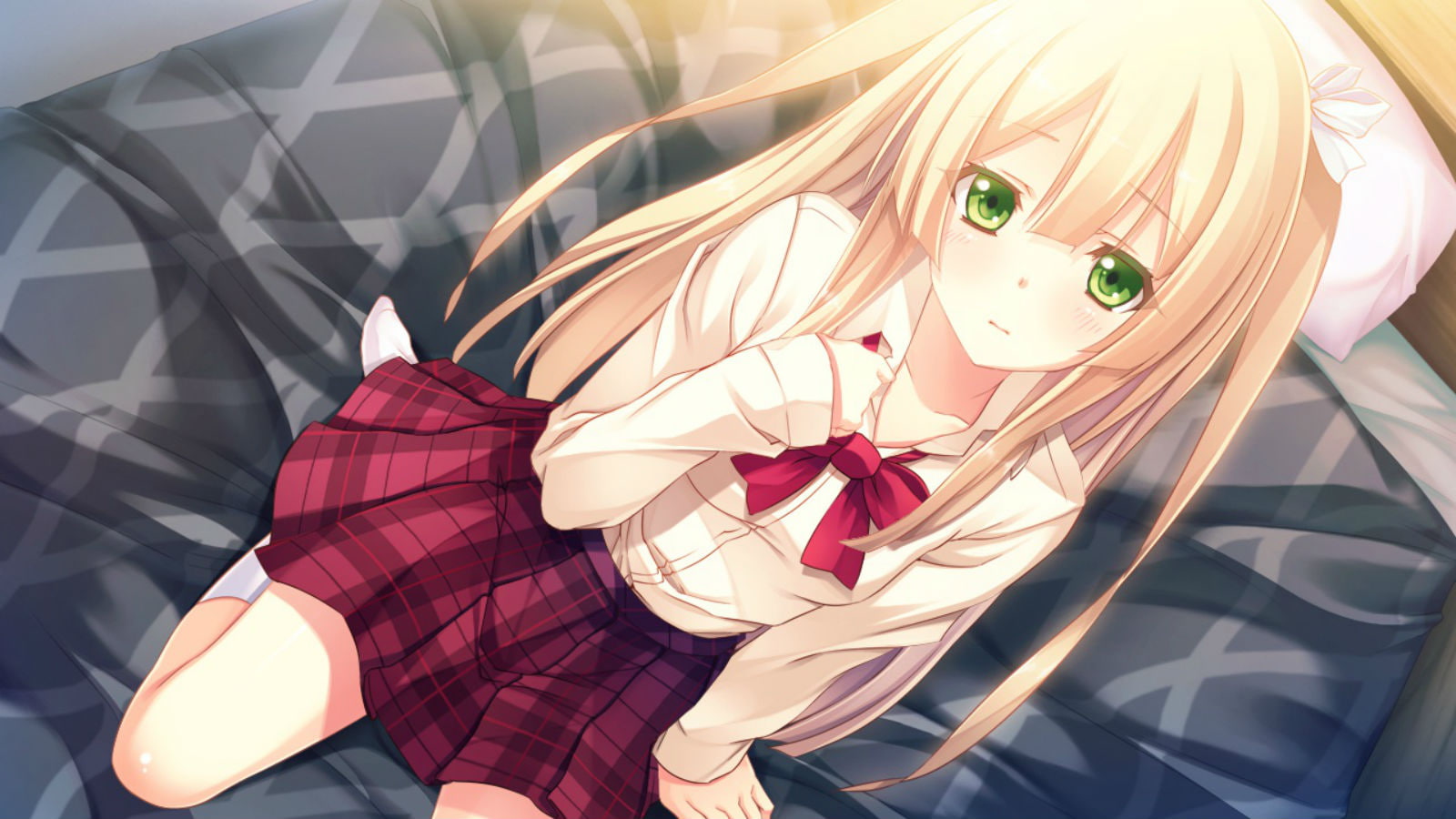 720P, hair, blonde, yasouji, bullet, oosaki, seifuku, innocent, bed, shinya, eyes, green, game, long, blush, HD Wallpaper