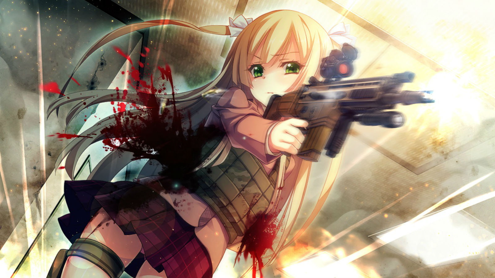 oosaki, blood, gun, blonde, hair, eyes, 720P, weapon, innocent, skirt, game, shinya, green, yasouji, seifuku, bullet, long, HD Wallpaper