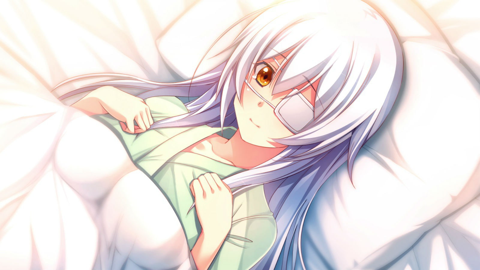 miyasu, game, bullet, innocent, 720P, shinya, bed, white, eyepatch, long, hair, yellow, eyes, sanae, oosaki, HD Wallpaper