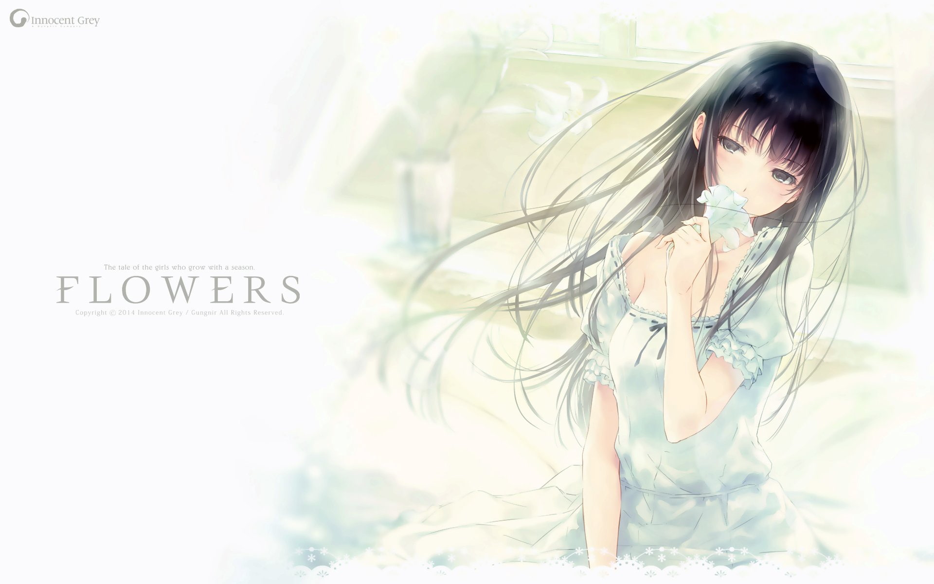 black, grey, miki, suou, flowers, hair, shirahane, sugina, 1080P, innocent, eyes, game, long, HD Wallpaper