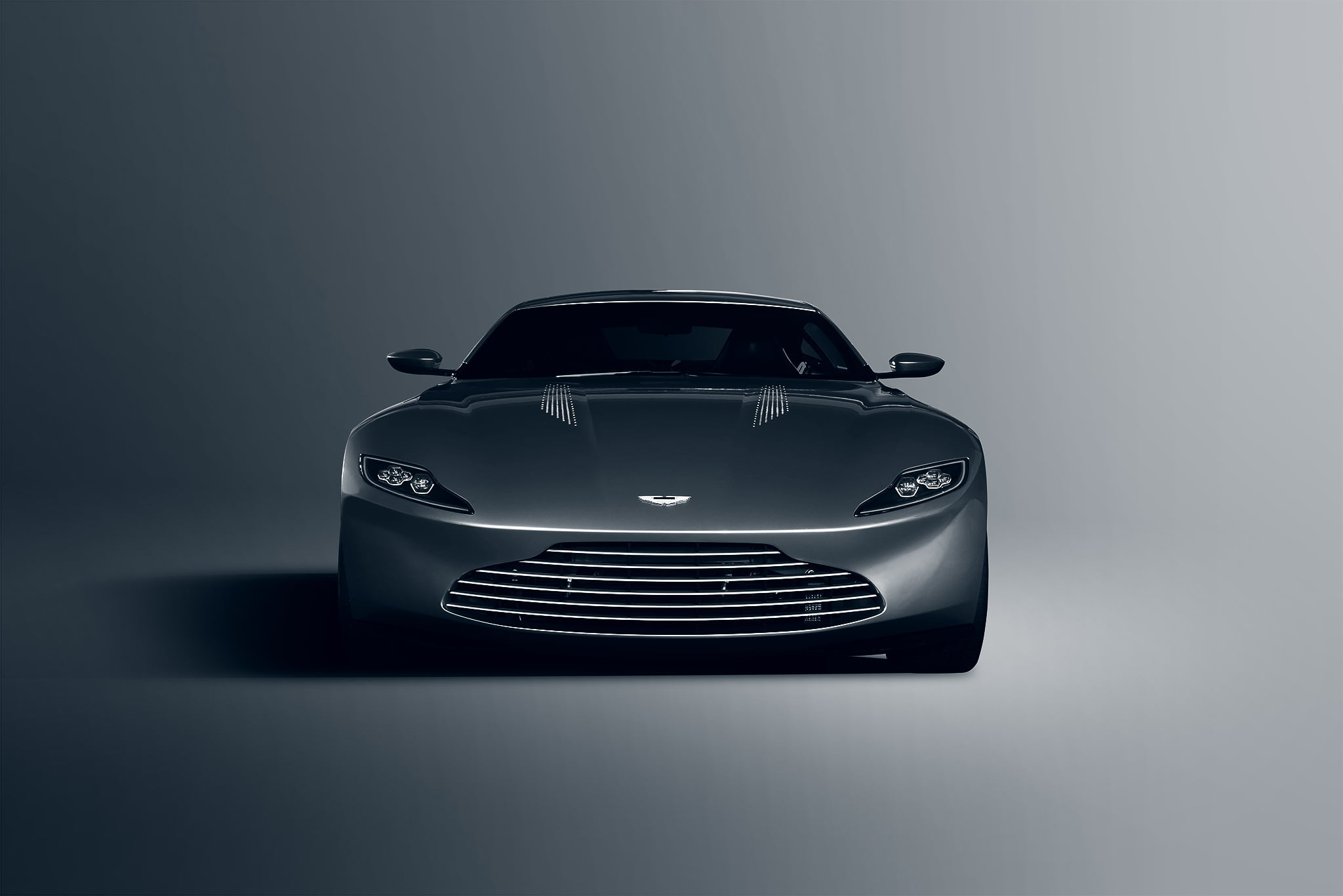 Concept, land vehicle, Front, close-up, retro styled, Silver, indoors, Aston Martin, reflection, table, Unique, glass - material, motor vehicle, white background, HD Wallpaper