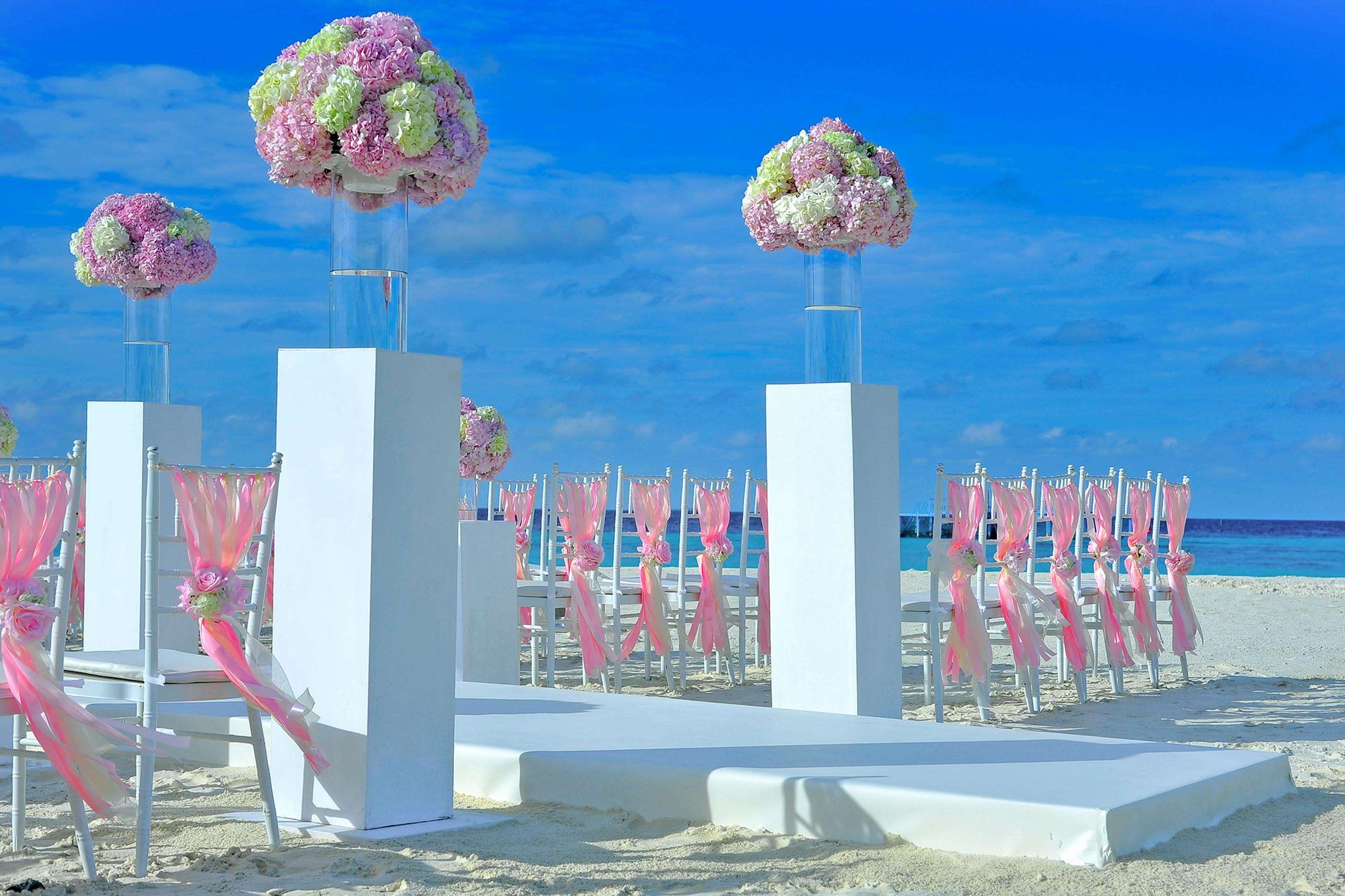 plant, cloud - sky, decor, bouquet, wedding, blue, photography, no people, sea, outdoors, built structure, 2K, sunlight, beach, atoll, sky, flower, flower arrangement, HD Wallpaper