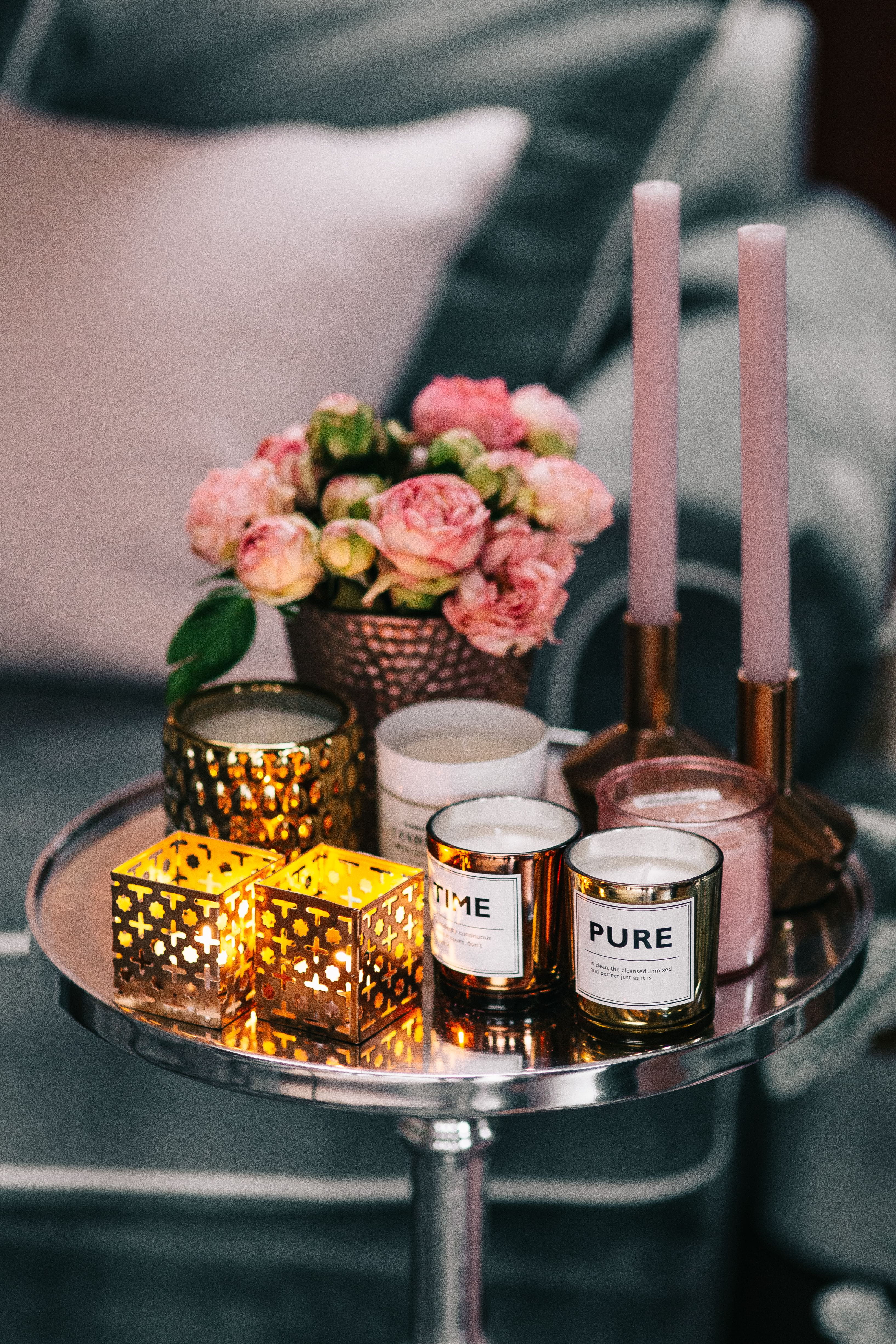 food and drink, candle, container, plant, glass, elegance, wedding, focus on foreground, flower, flowers, choice, close-up, tray, variation, home decor, Phone HD Wallpaper