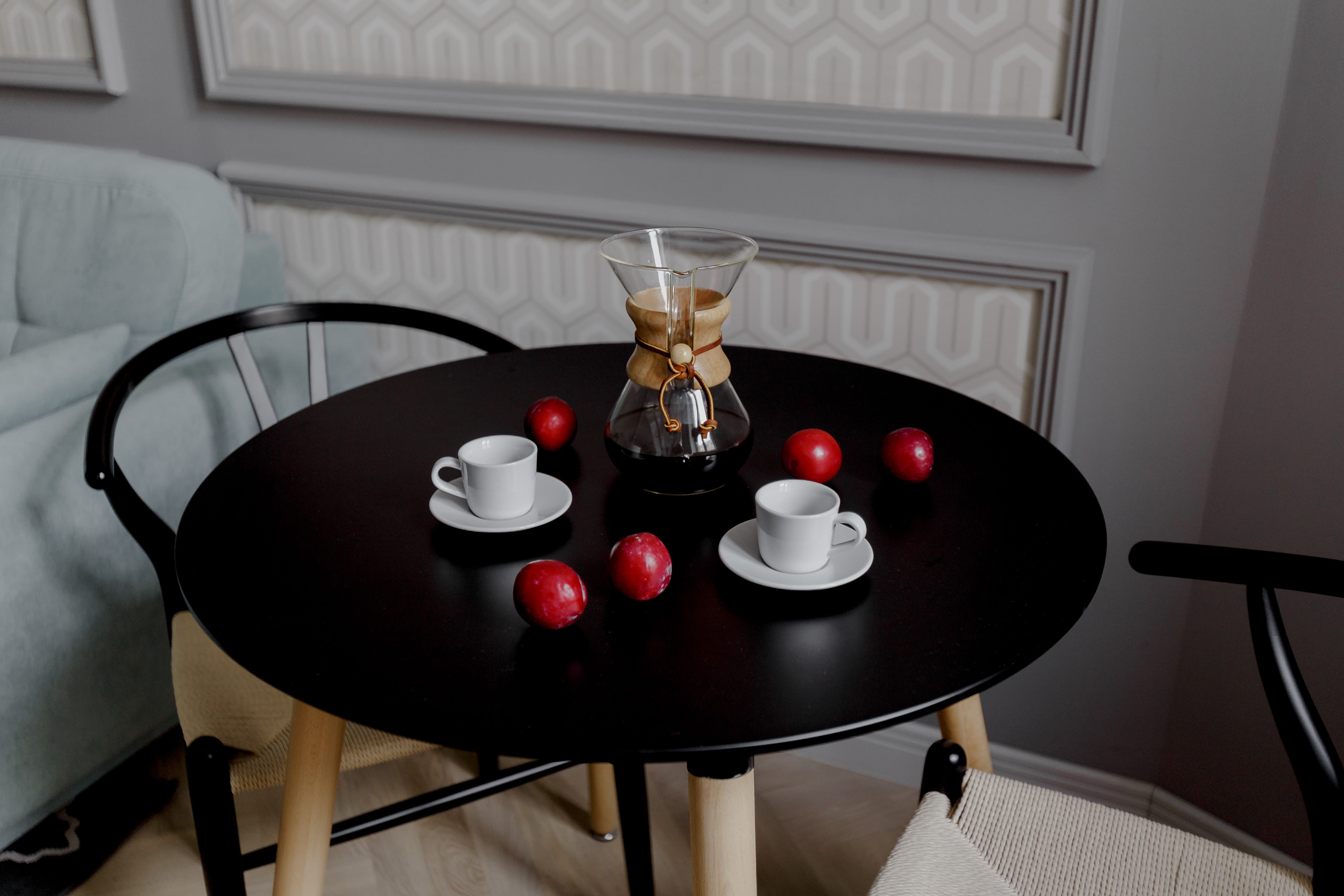 table, food, plums, furniture, food and drink, 5K, still life, indoors, home interior, crockery, chair, transparent, plate, coffee, household equipment, HD Wallpaper