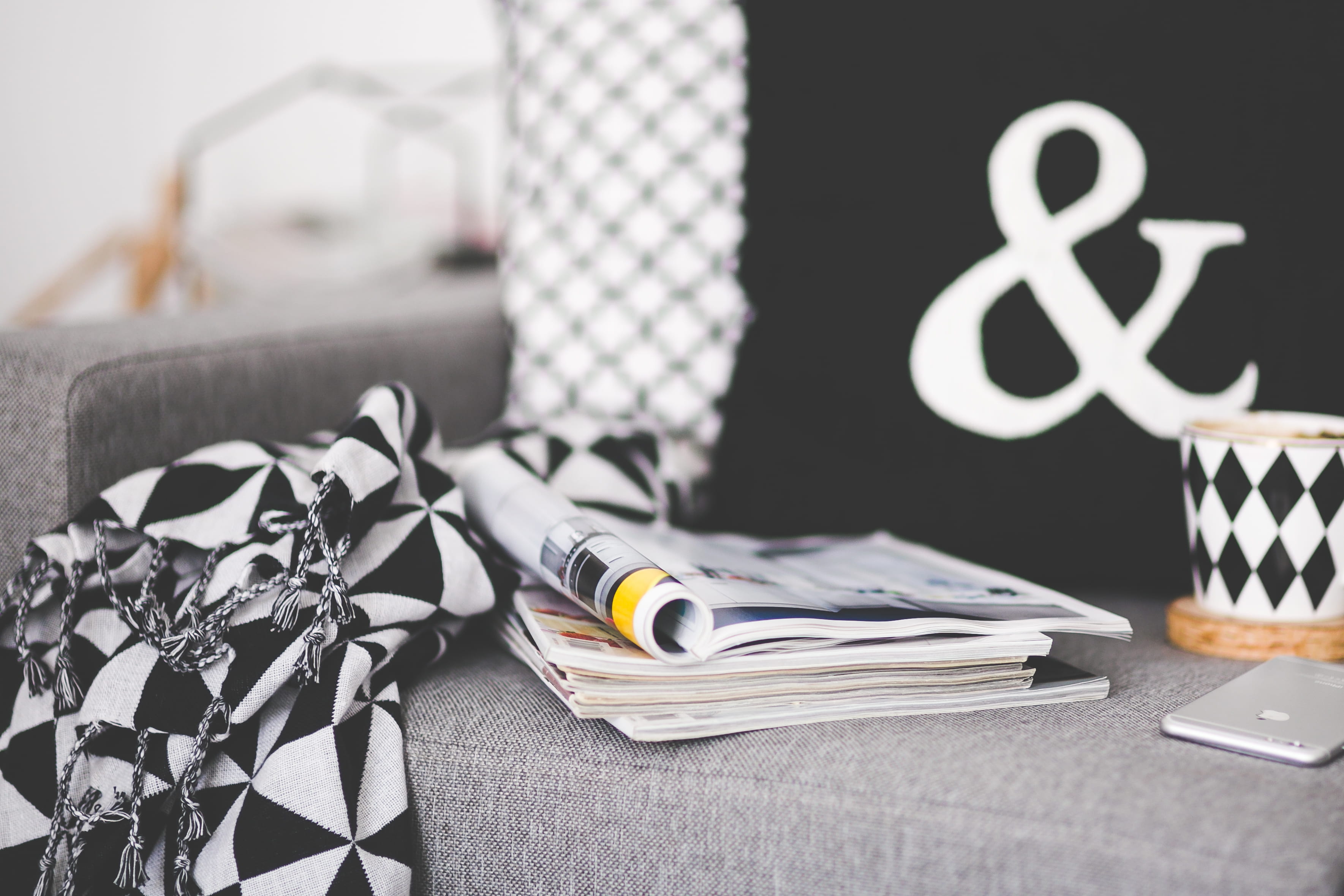 time, interior, reading, grey, iphone, large group of objects, communication, mug, bag, couch, phone, paper, livingspace, finance, ribbon, lifestyle, wireless technology, HD Wallpaper