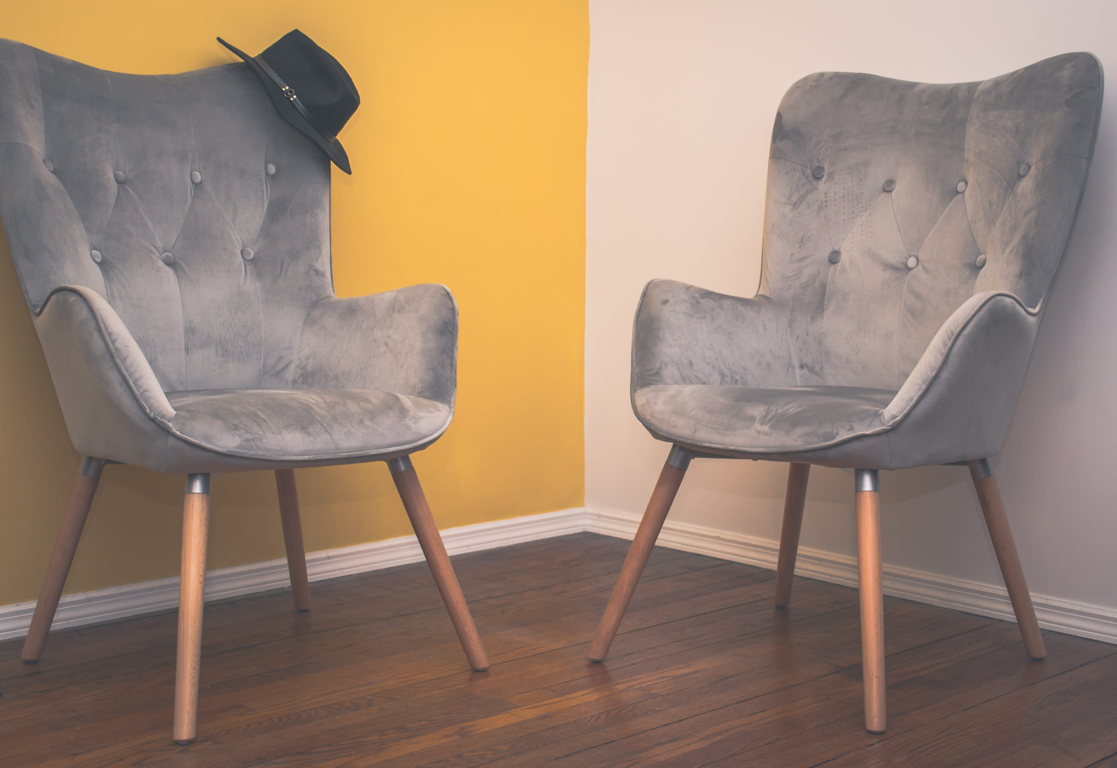 chair, wood, home interior, hardwood floor, plush, brown, danish modern, furniture, absence, interior, gray, yellow, indoors, wall - building feature, leather, HD Wallpaper
