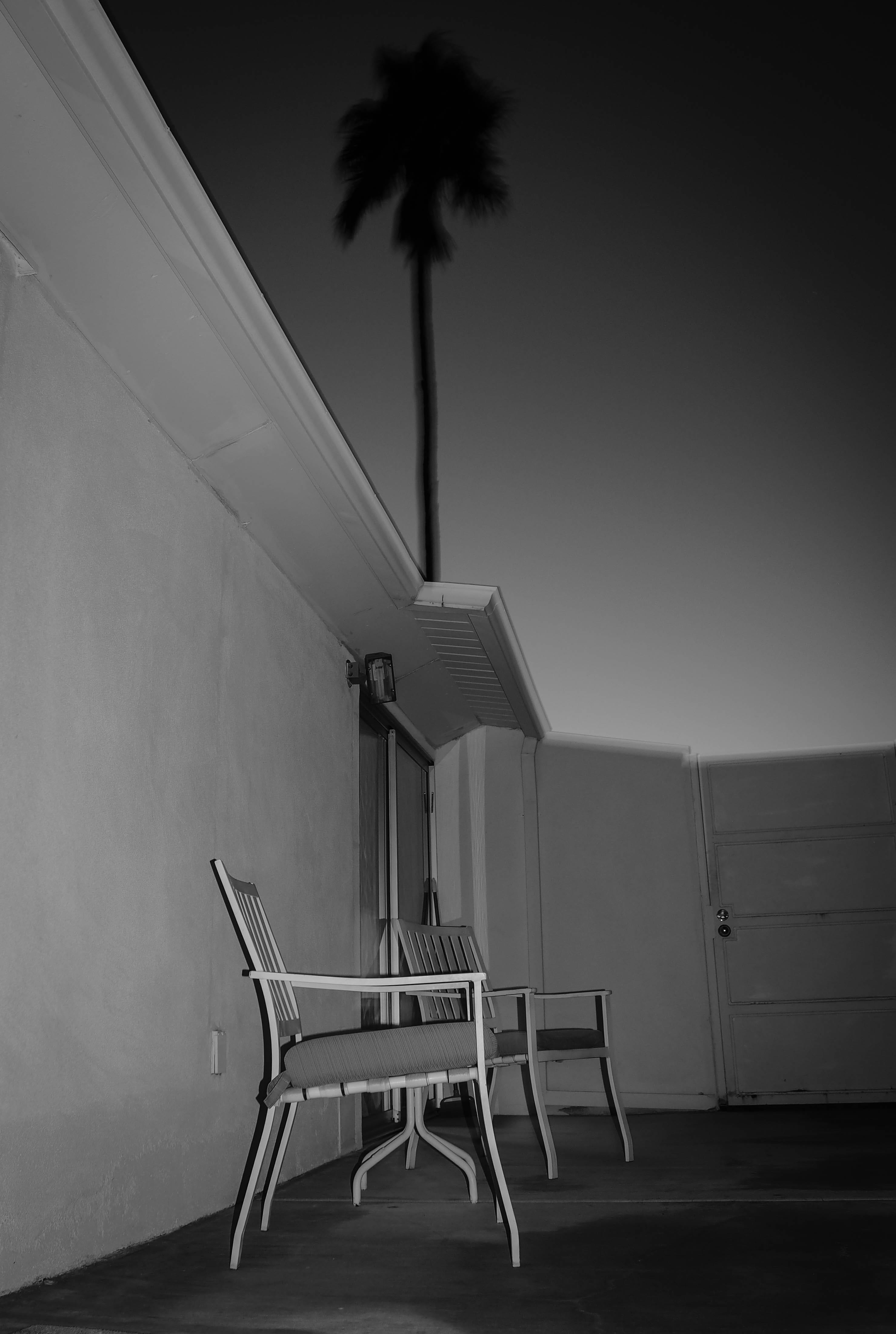 outdoors, house, clear sky, seats, patio, palm springs, tropical climate, black and white, lonely, built structure, wall - building feature, building, foldable, Phone HD Wallpaper