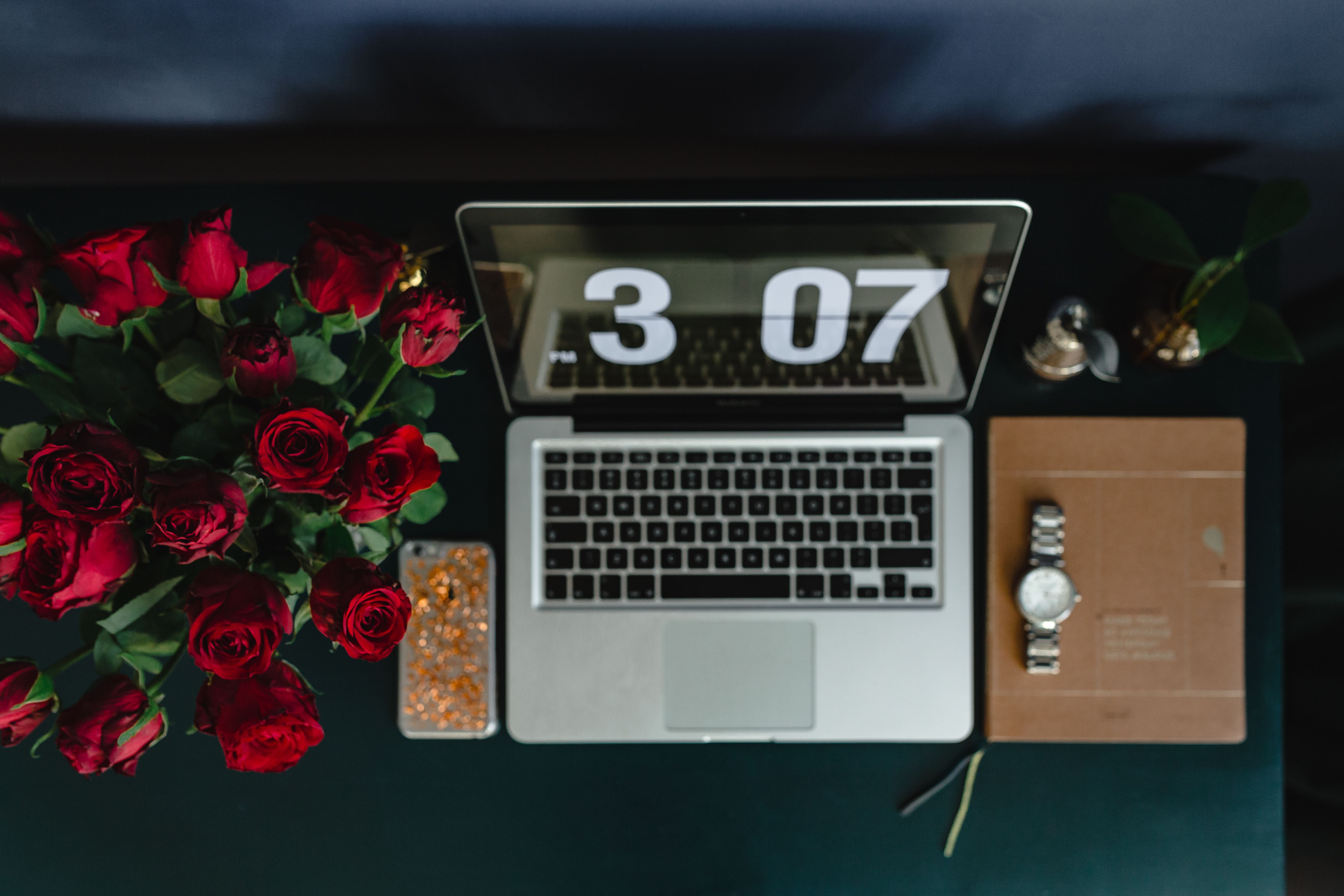 computer, communication, rose - flower, home office, red, keyboard, wireless technology, laptop, old-fashioned, flowers, work, connection, roses, working, HD Wallpaper