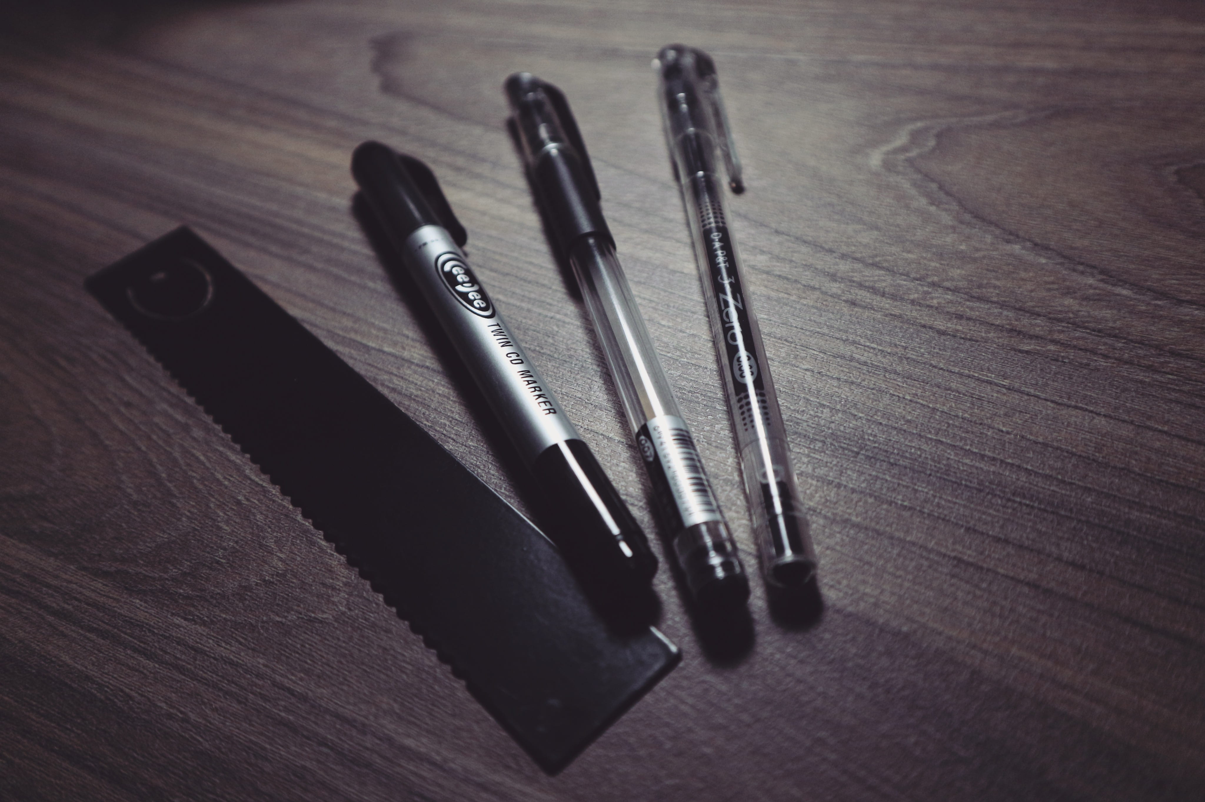 table, work tool, ballpoint, aggression, beige, ballpens, focus on foreground, desk, metal, wood, surface, black color, writing instrument, 4K, silver colored, HD Wallpaper