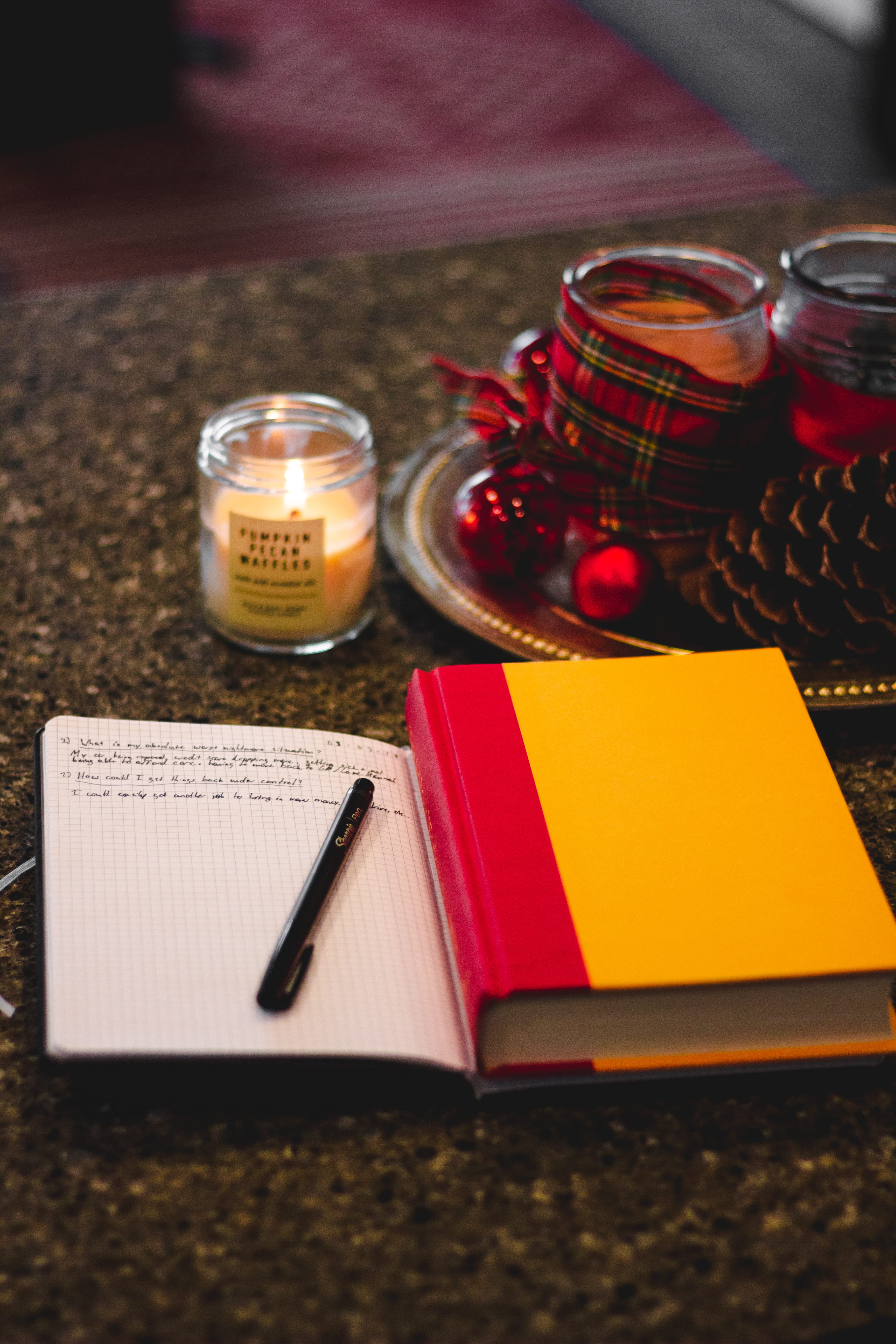 book, note pad, table, food and drink, 5K, high angle view, selective focus, paper, no people, glass, indoors, container, black, food, still life, communication, Phone HD Wallpaper