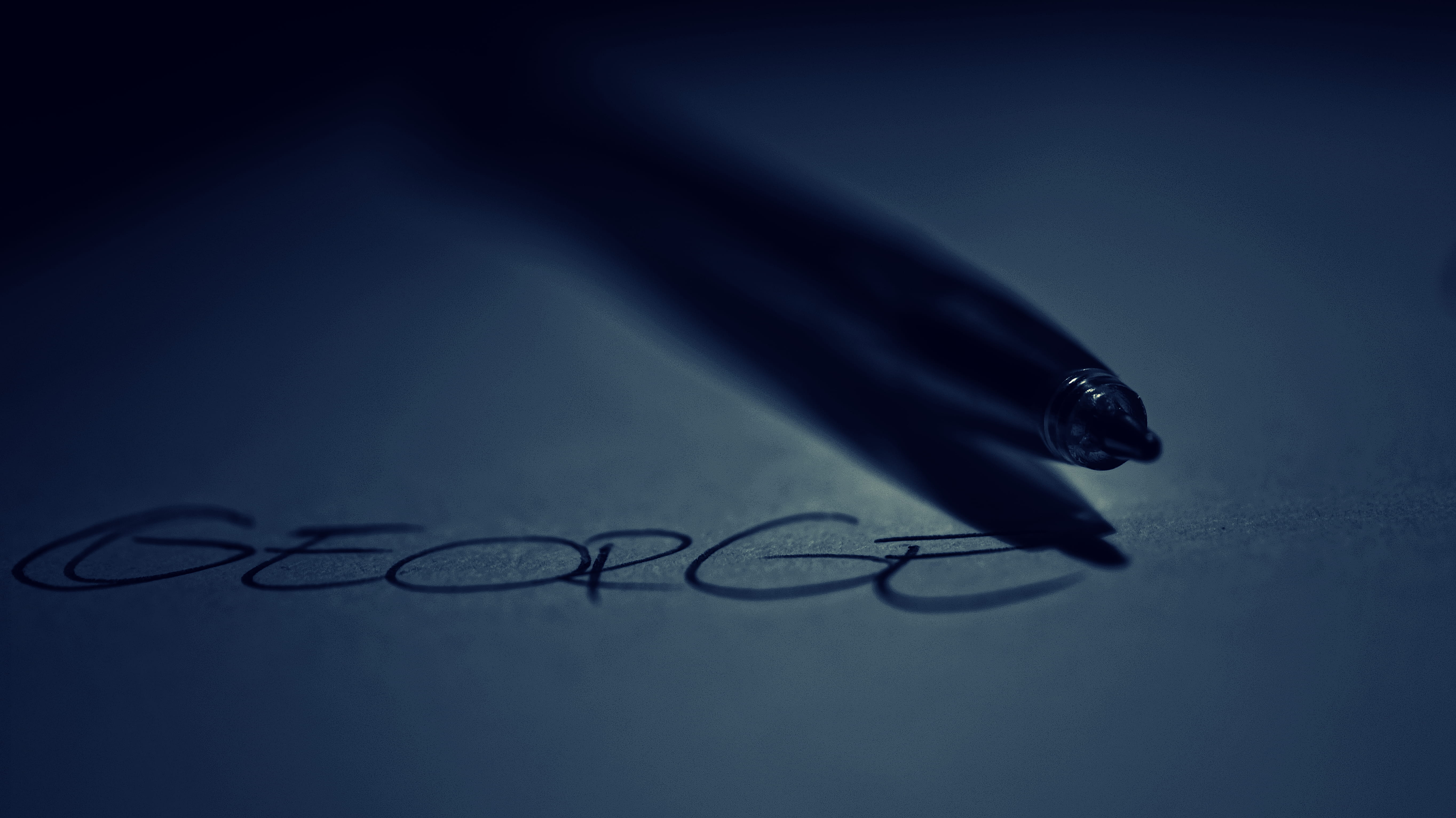 blue, writing instrument, george, text, notebook, gray, conceptual, handwriting, letter, no people, blur, pen, 5K, paper, indoors, selective focus, close-up, HD Wallpaper