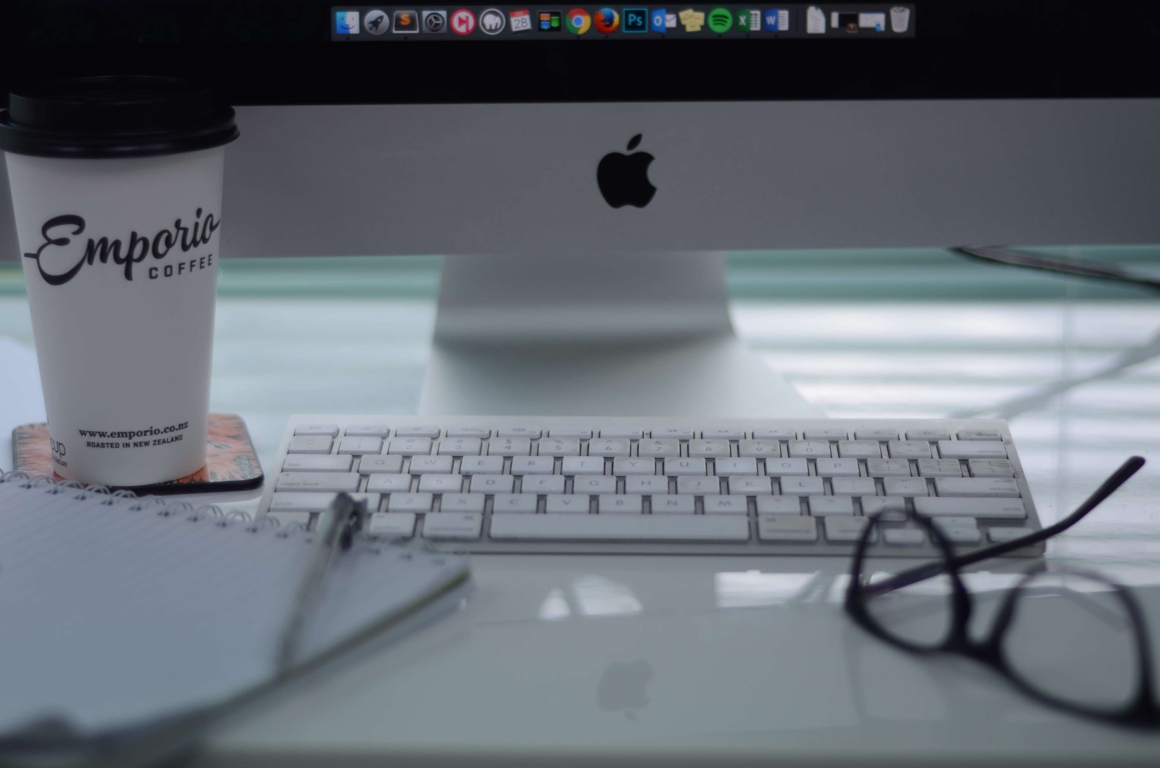 keyboard, technology, glass, coffee, busy, work area, 4K, desk, wireless technology, laptop, table, developer, communication, desktop, new zealand, office, HD Wallpaper