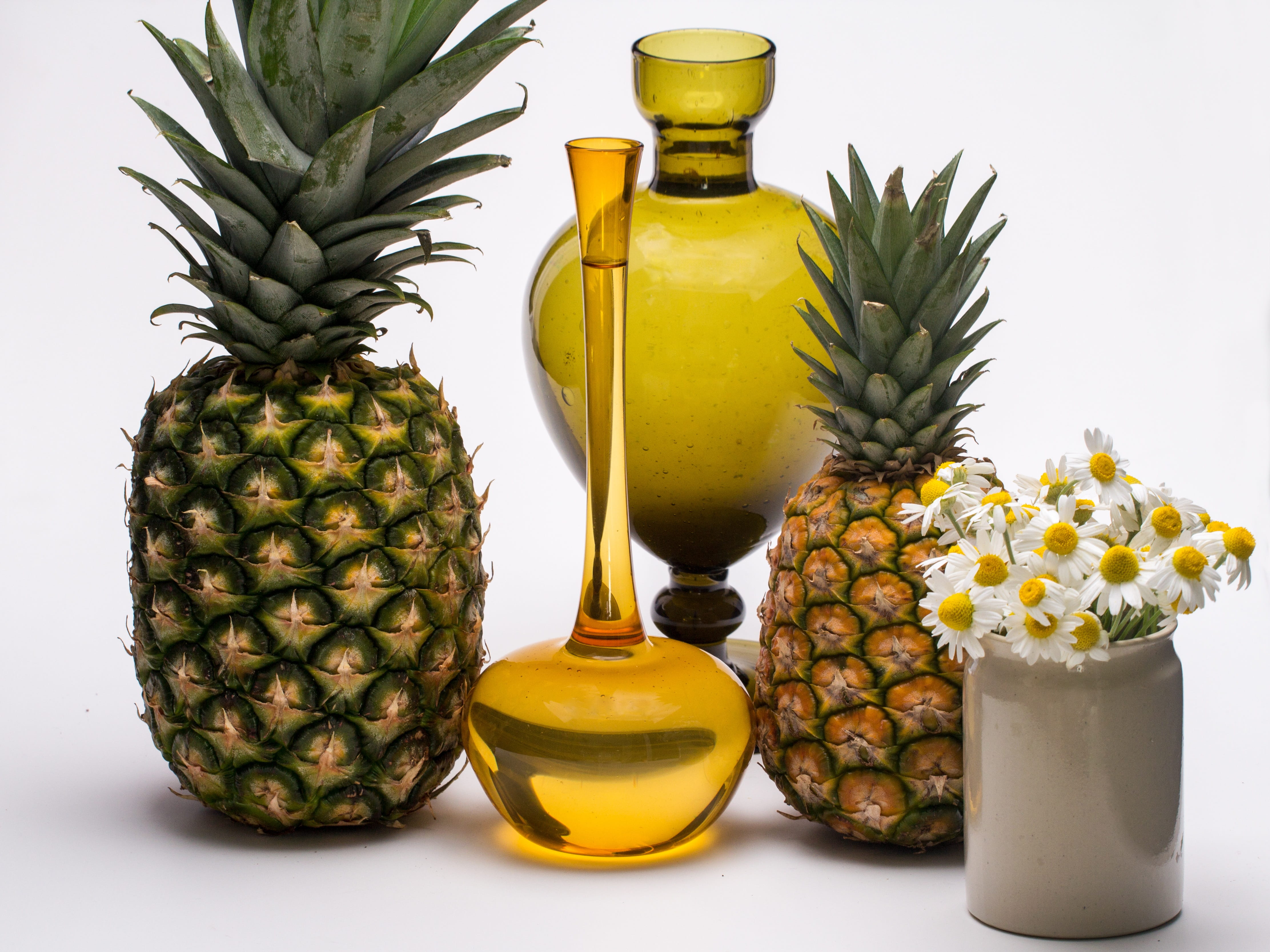 pineapple, wellbeing, studio shot, yellow, healthy eating, no people, 4K, vases, container, oil, freshness, bottle, tropical fruit, flowers, plant, still life, HD Wallpaper