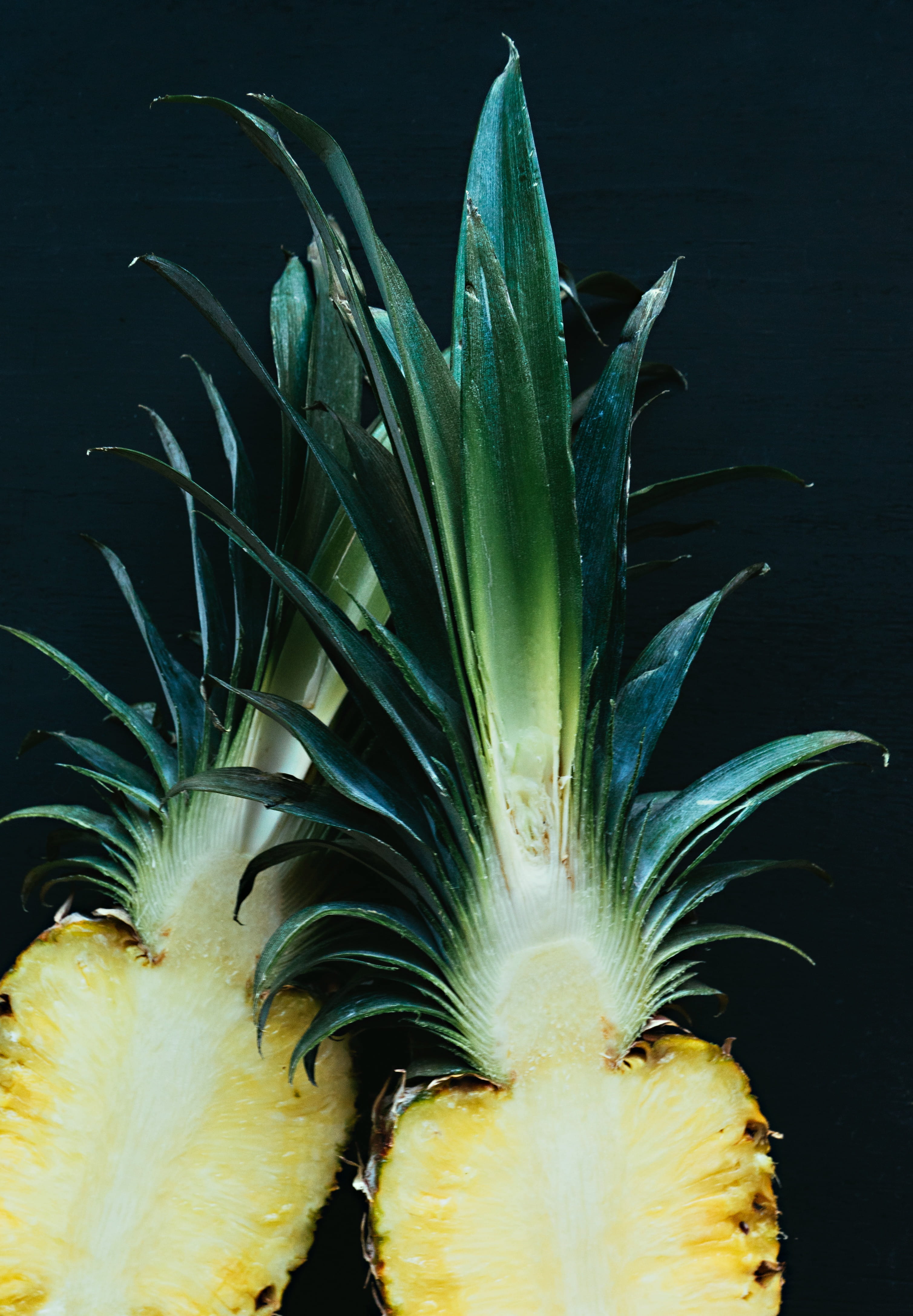 indoors, leaf, plant, 4K, nature, freshness, wellbeing, Pineapple, black background, tropical fruit, growth, beauty in nature, food, ripe, healthy Eating, Phone HD Wallpaper