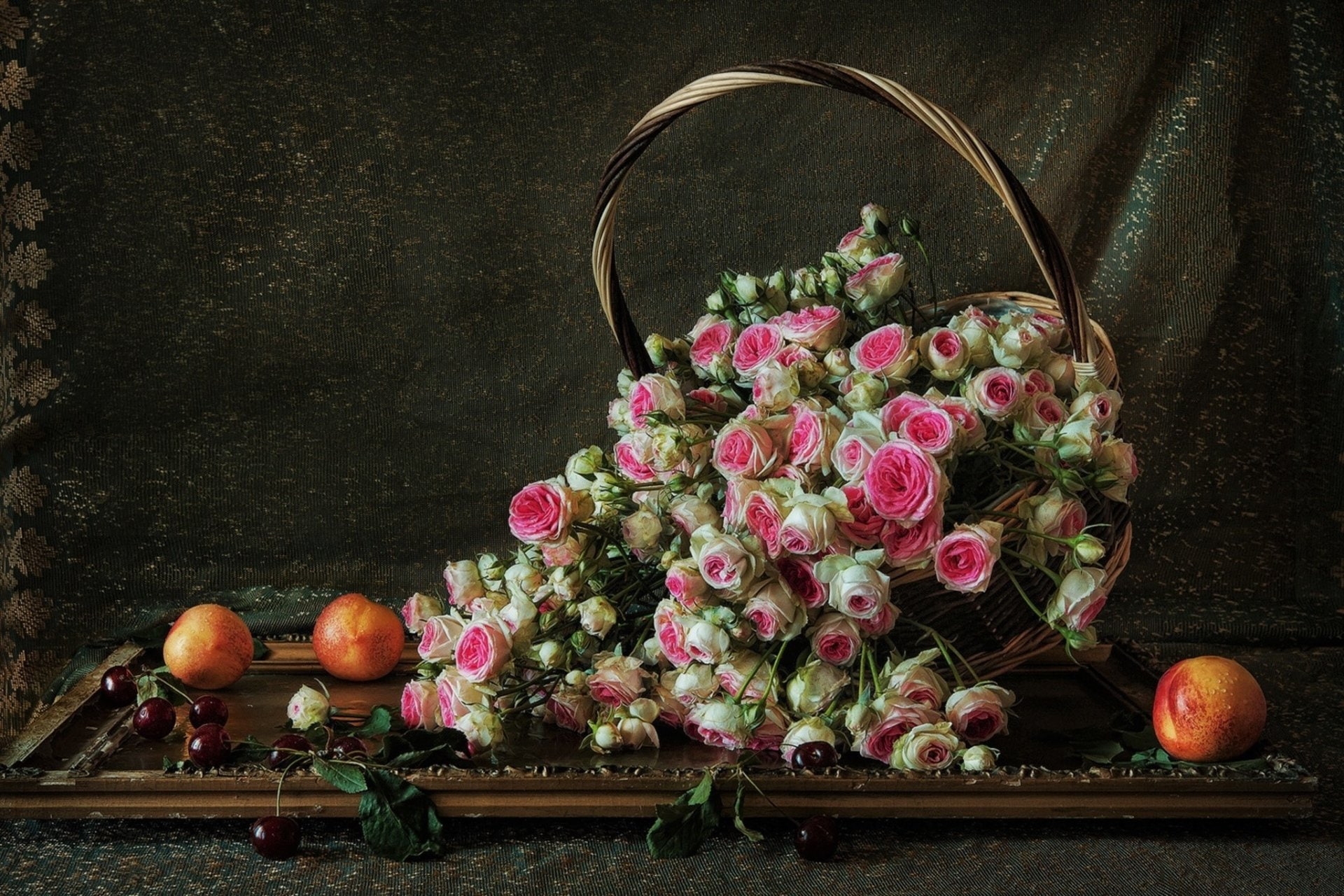 Still Life, Rose, 1080P, Cherry, Nectarine, Flower, Photography, Basket, HD Wallpaper