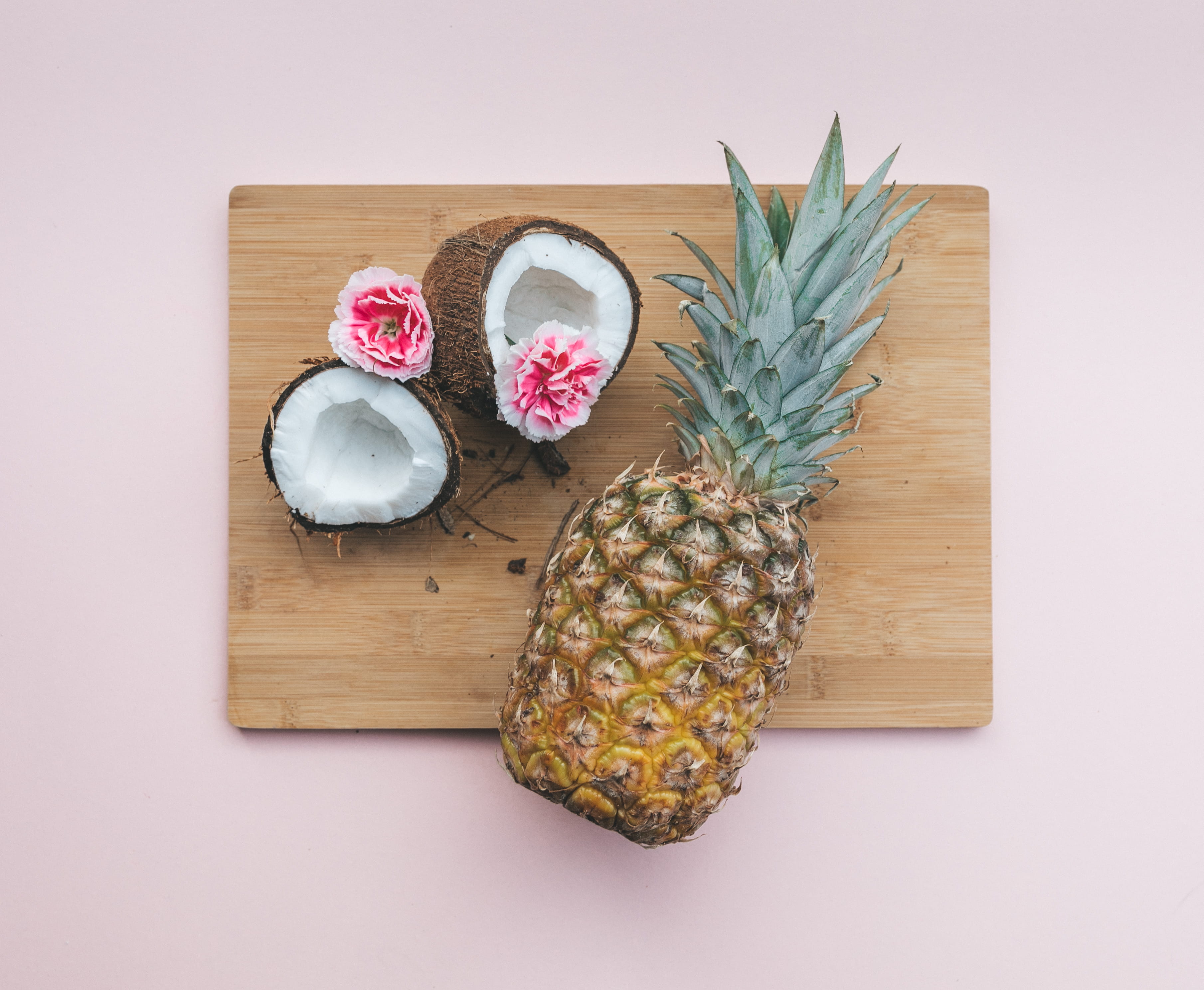 indoors, freshness, pina colada, no people, tropical fruit, top, beside, tropical feeling, coconut, rose, nature, flower, table, healthy eating, directly above, HD Wallpaper