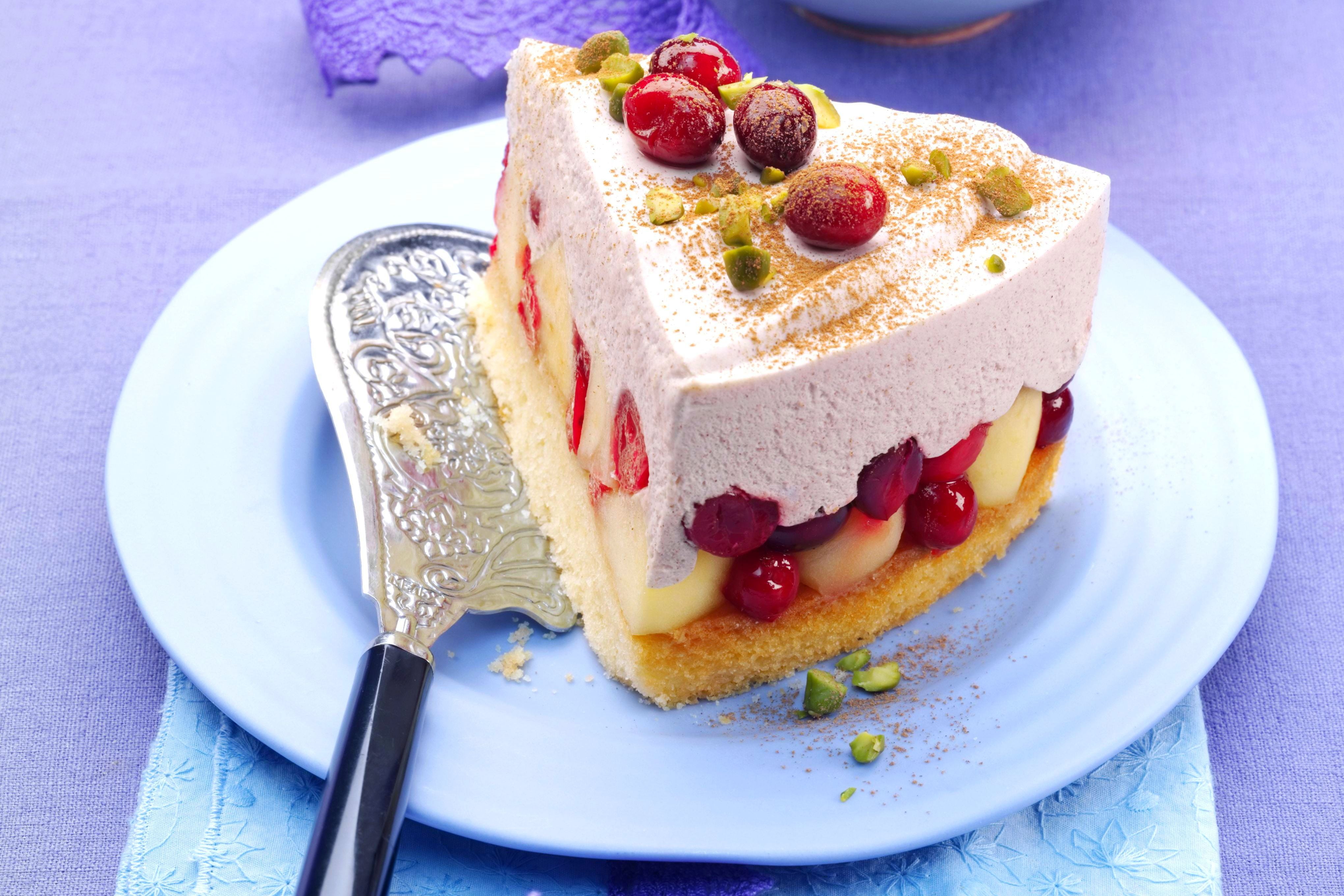 dessert, cherry, 4K, food and drink, cake, still life, sweet food, ready-to-eat, close-up, baked, no people, plate, cream, freshness, berry fruit, eating utensil, HD Wallpaper