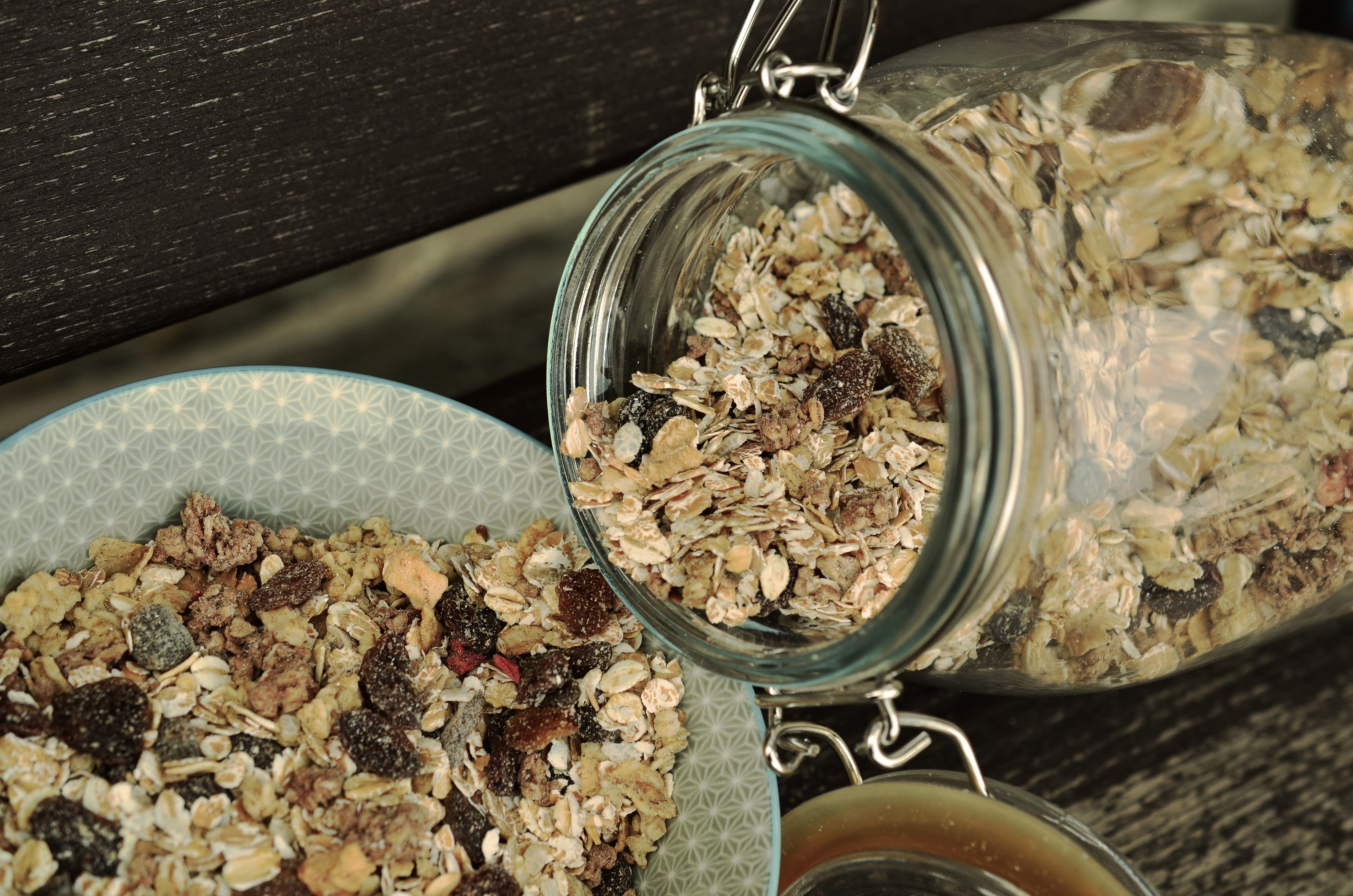 healthy eating, breakfast cereal, healthy, muesli, fruit, food and drink, indoors, granola, seed, raisins, no people, glass, jar, container, freshness, HD Wallpaper