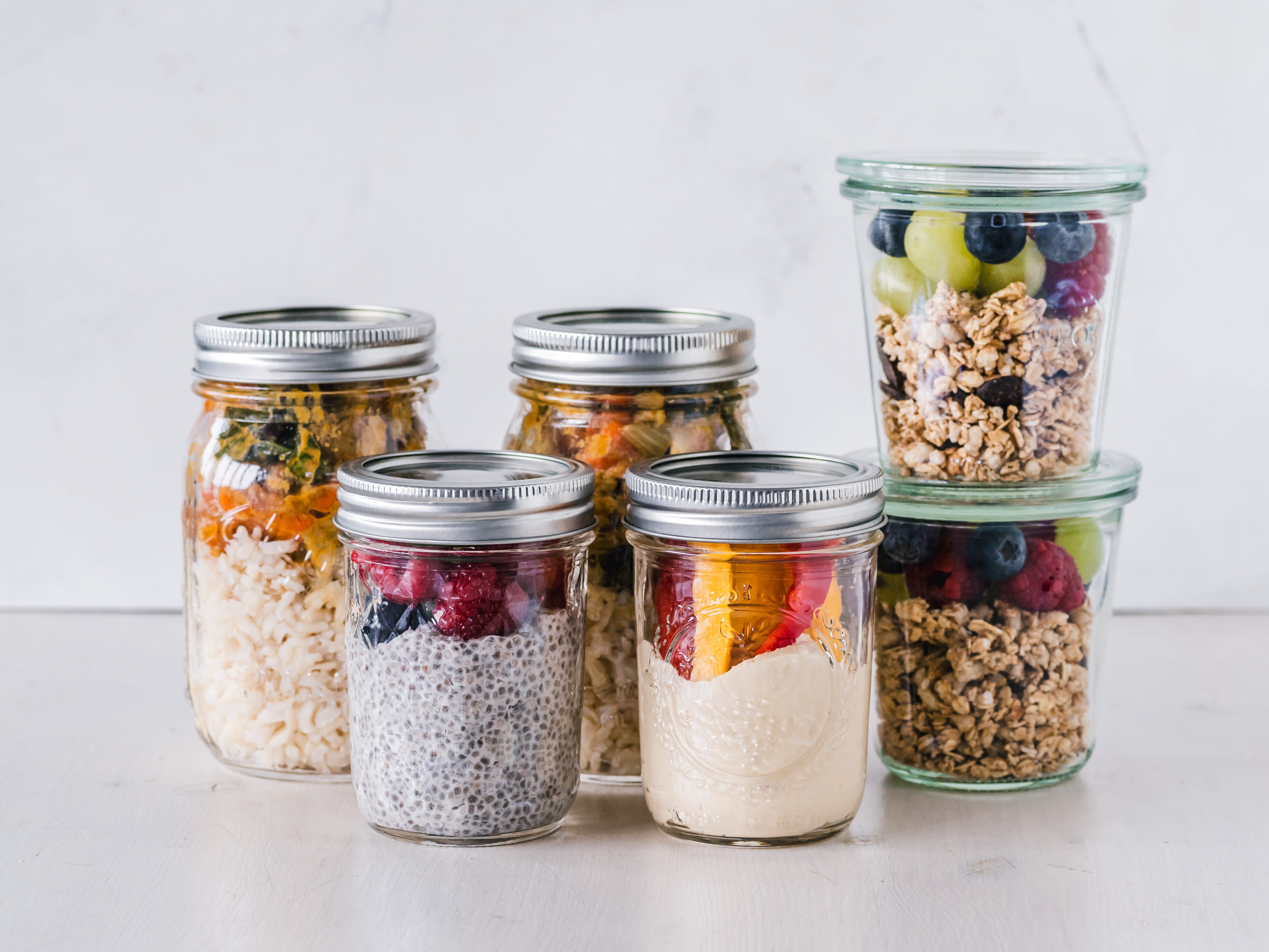 freshness, mason, table, red, granola, no people, healthy, glass, jar, variation, breakfast, container, clear, indoors, food preparation, jars, 4K, six, HD Wallpaper