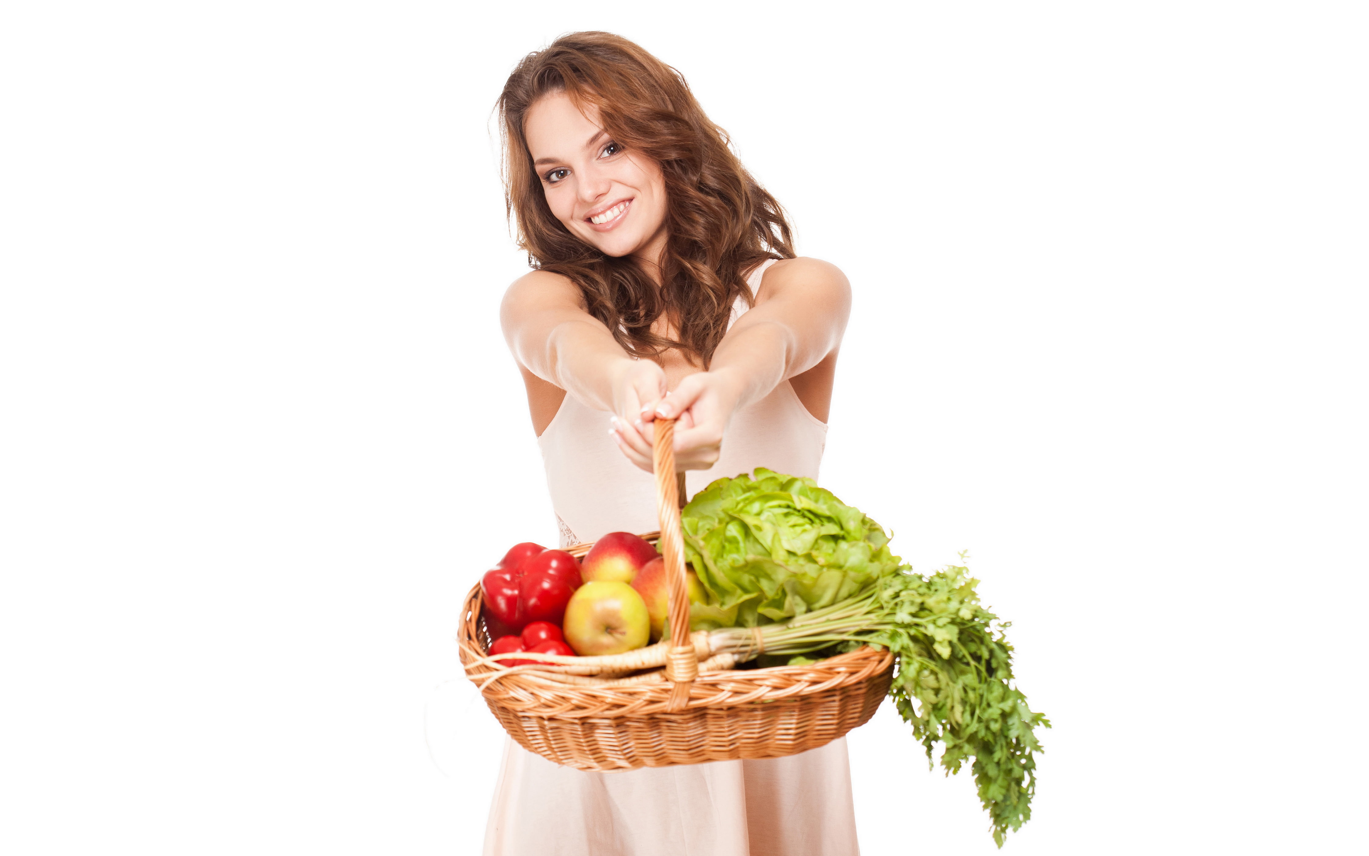 vegetables, mood, brown hair, dress, apples, fruit, hairstyle, smile, cabbage, parsley, basket, pepper, girl, red, white background, 4K, HD Wallpaper