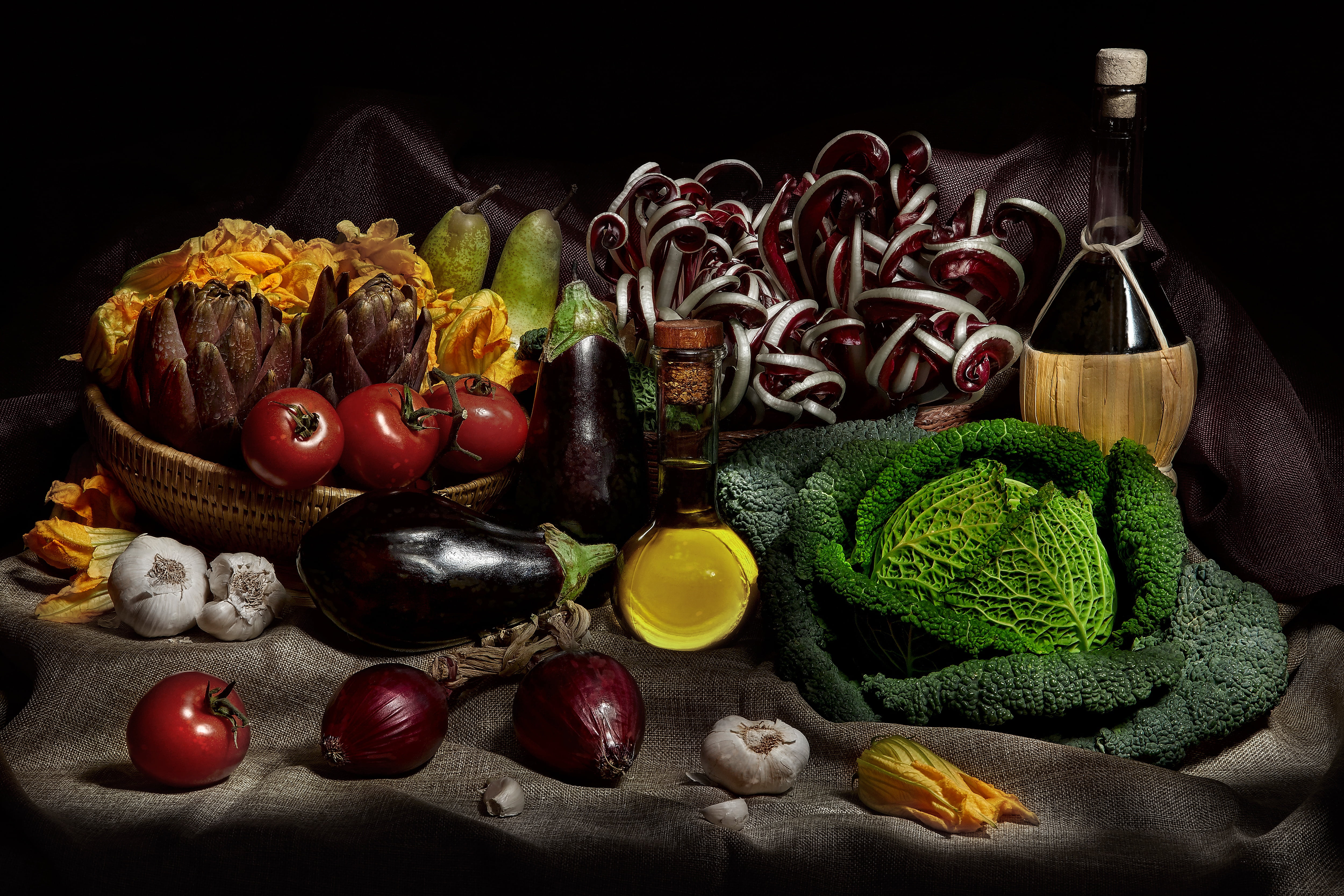 oil, garlic, items, burlap, pear, eggplant, vegetables, cabbage, tomatoes, 4K, bow, bottle, still life, a lot, black background, food, composition, wine, HD Wallpaper