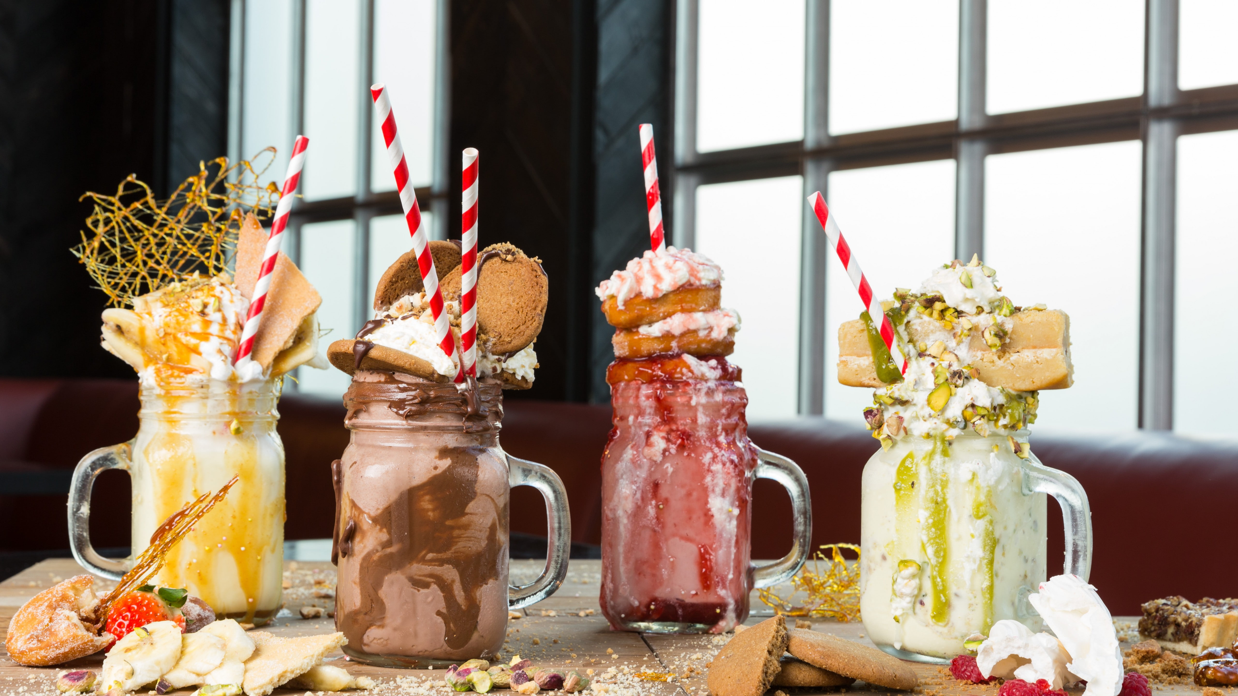 cake, four, table, top, freakshakes, glass, 5K, jars, freak shake, milk shake, HD Wallpaper